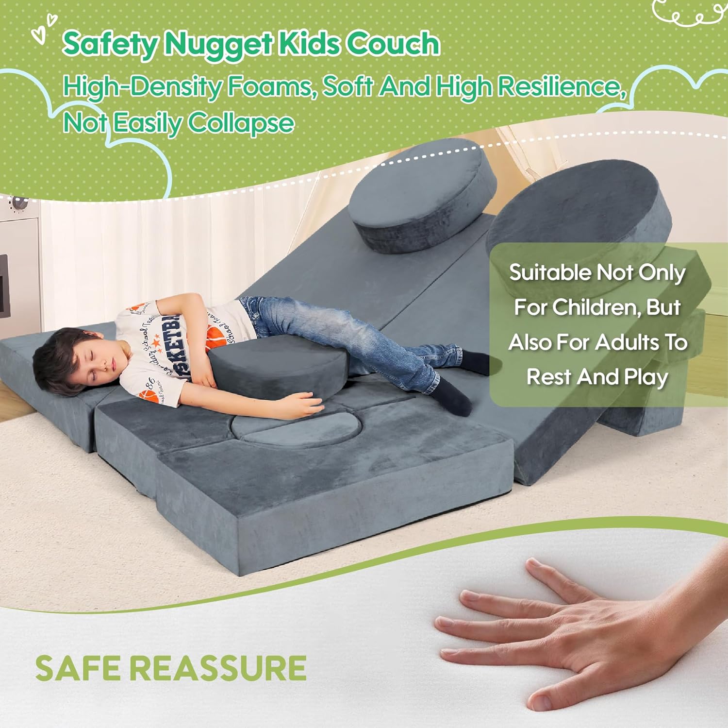 14Pcs Modular Kids Play Couch, Child Sectional Sofa Imaginative Furniture Play Set for Creative Kids, Toddler to Teen Bedroom Furniture, Girls and Boys Playroom Convertible Sofa (Cotton, Grey) - Image 7