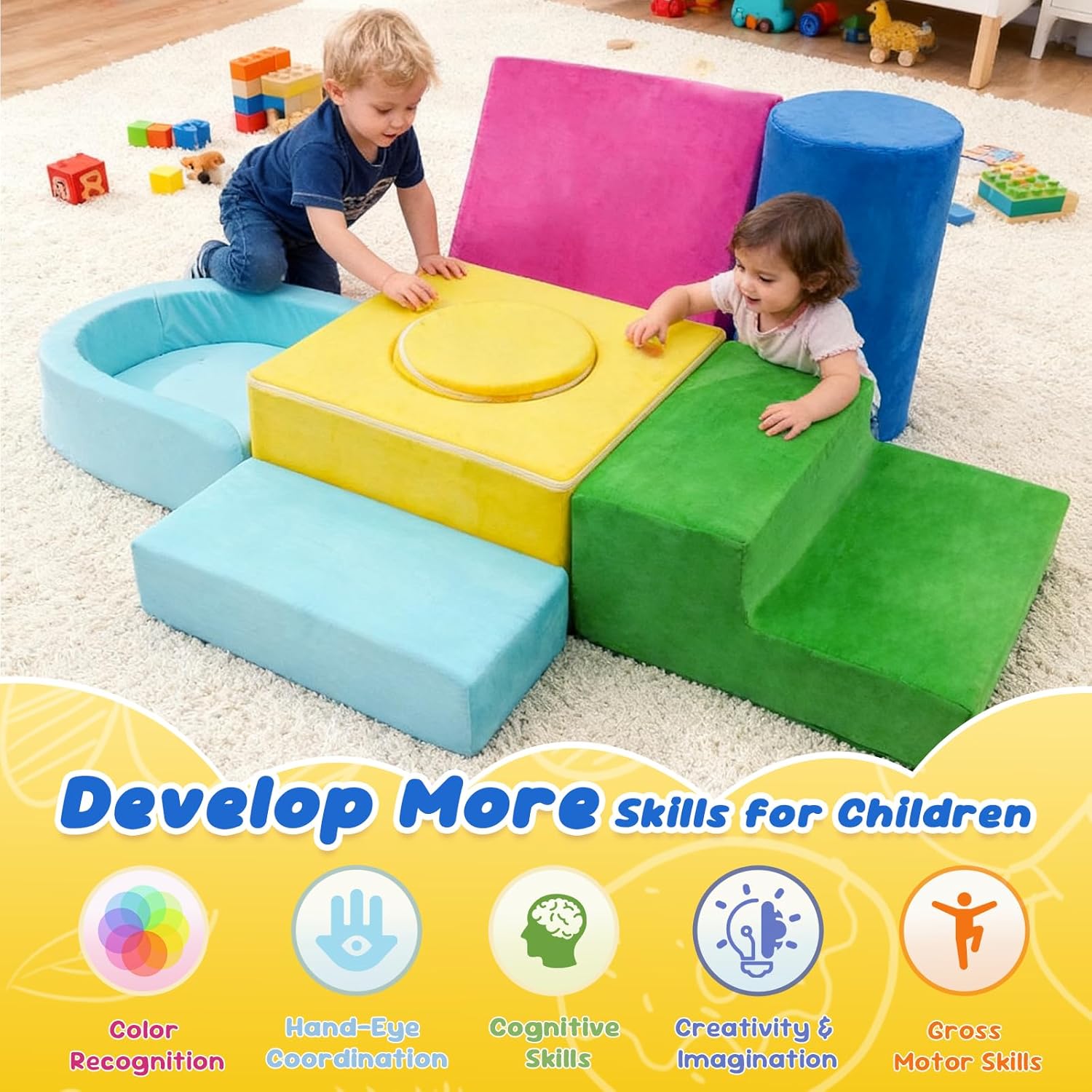 Alternative view of Teckid Toddler Climbing Toys, 7-Piece Colorful Foam Blocks, Indoor Soft Play Gym for Crawling, Climbing and Sliding, Modular Play Set Ages 1-3, No Ball Included