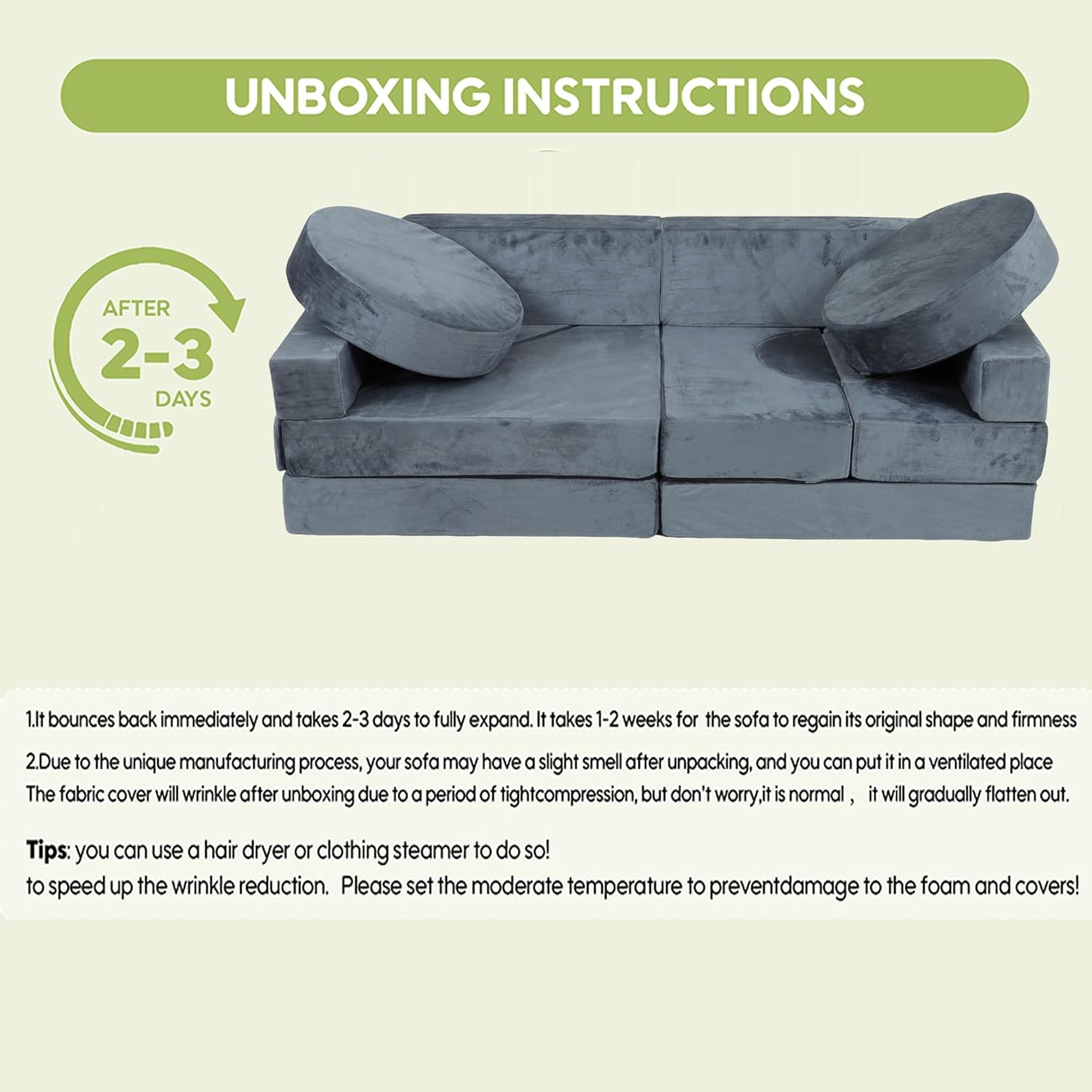 14Pcs Modular Kids Play Couch, Child Sectional Sofa Imaginative Furniture Play Set for Creative Kids, Toddler to Teen Bedroom Furniture, Girls and Boys Playroom Convertible Sofa (Cotton, Grey) - Image 8