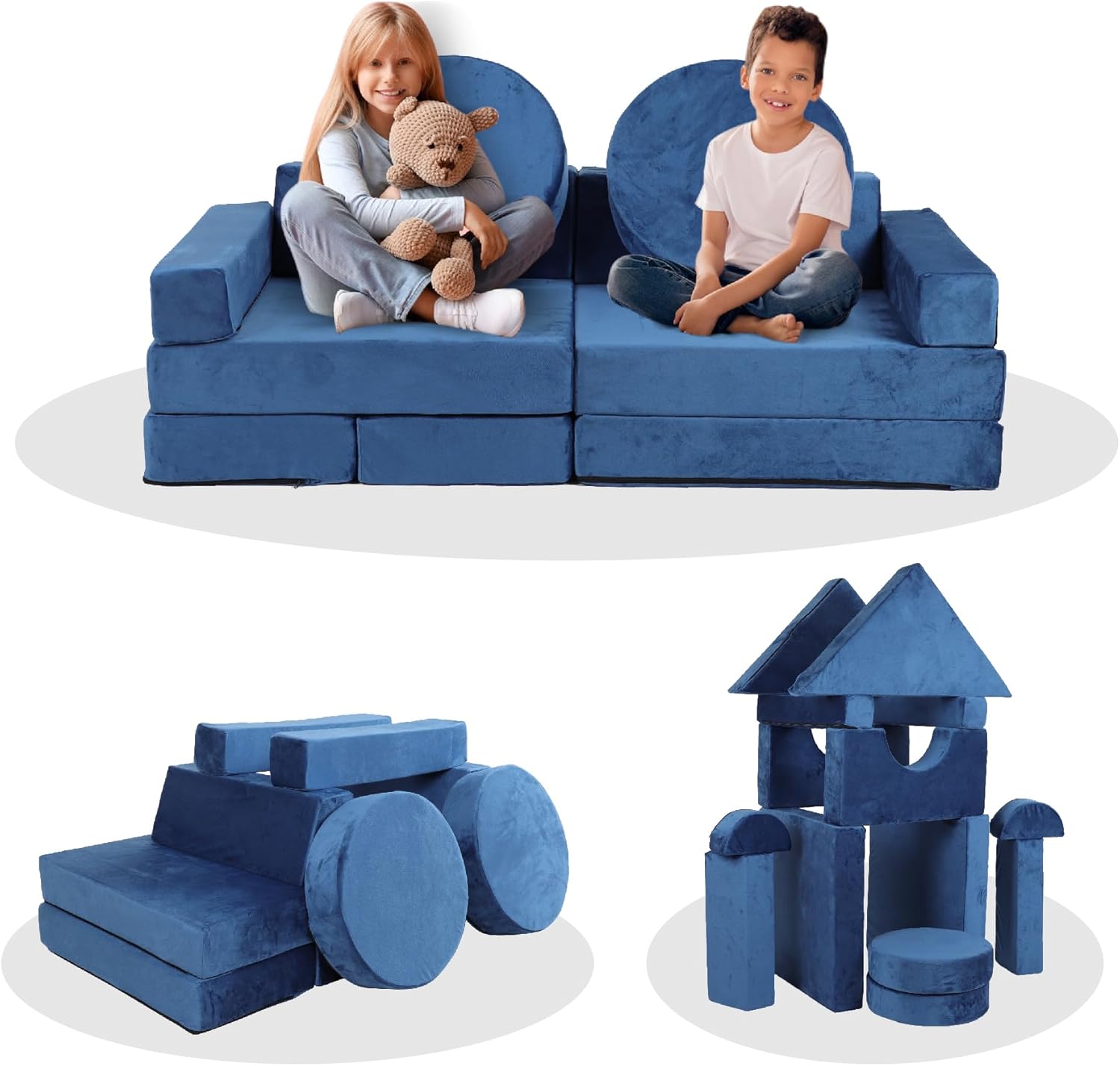 14Pcs Modular Kids Play Couch, Child Sectional Sofa Imaginative Furniture Play Set for Creative Kids, Toddler to Teen Bedroom Furniture, Girls and Boys Playroom Convertible Sofa (Cotton, Grey) - Image 9