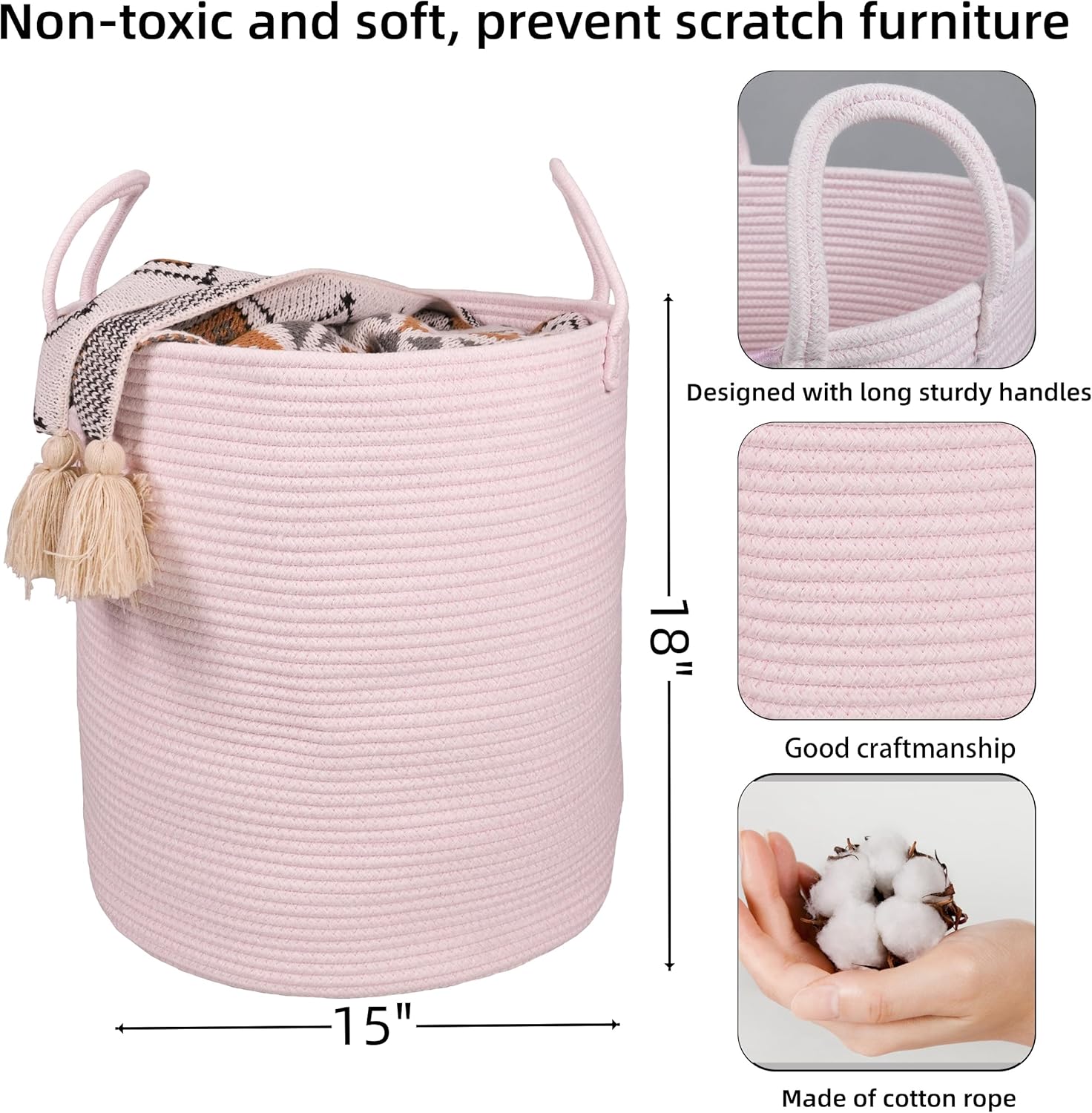 Alternative view of XUANGUO Cotton Rope Laundry Basket Hamper for Girls Kids Baby Nursery Hamper Bin Woven Storage Basket for Living Room Girls room Boho Tall Rope Baskets for Blanket Toys Large light pink