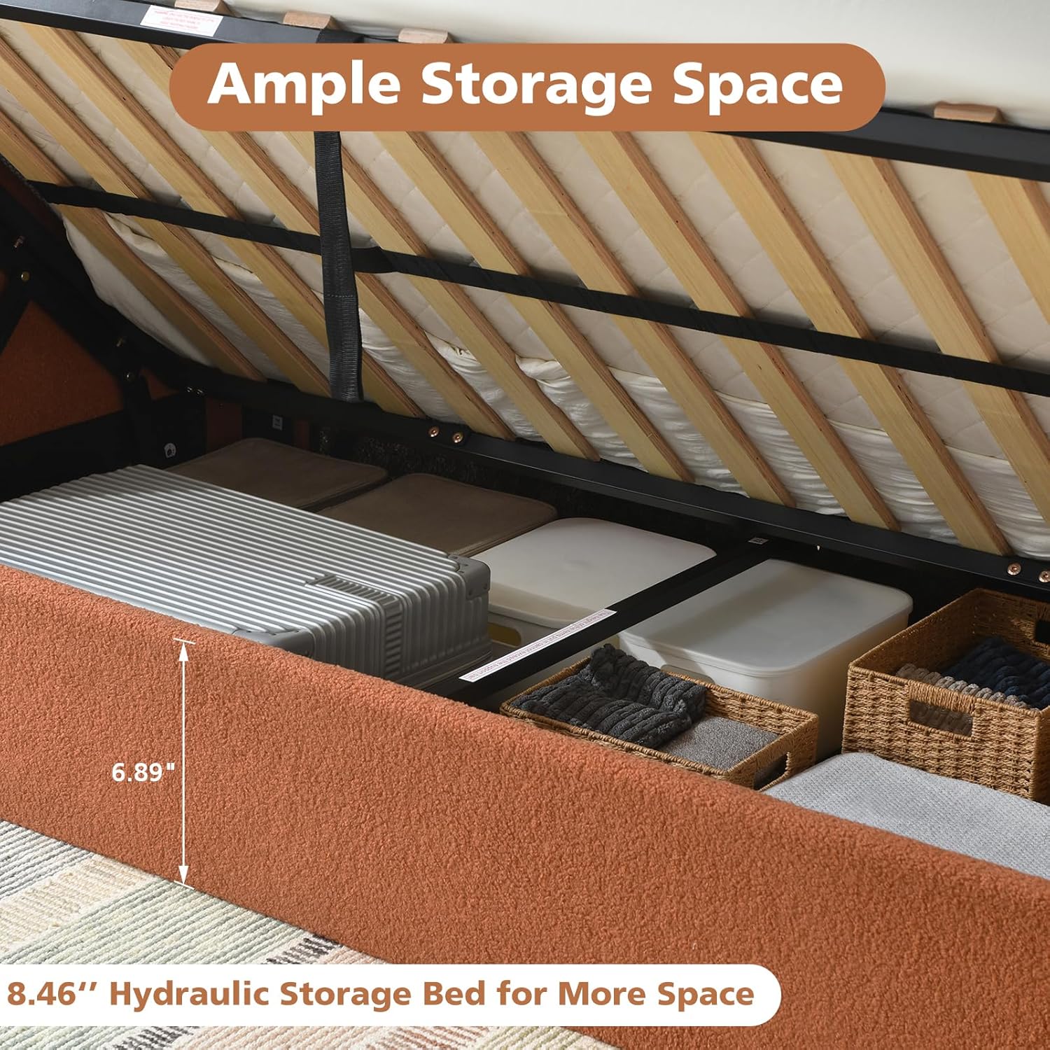 VELOCAVA Twin Size Upholstered Daybed with Lift-Up Storage, Orange Boucle Textured Corner Bed with Reversible Armrest and L-Shaped Design, Under-Bed Gas Lift Storage for Bedroom or Apartment