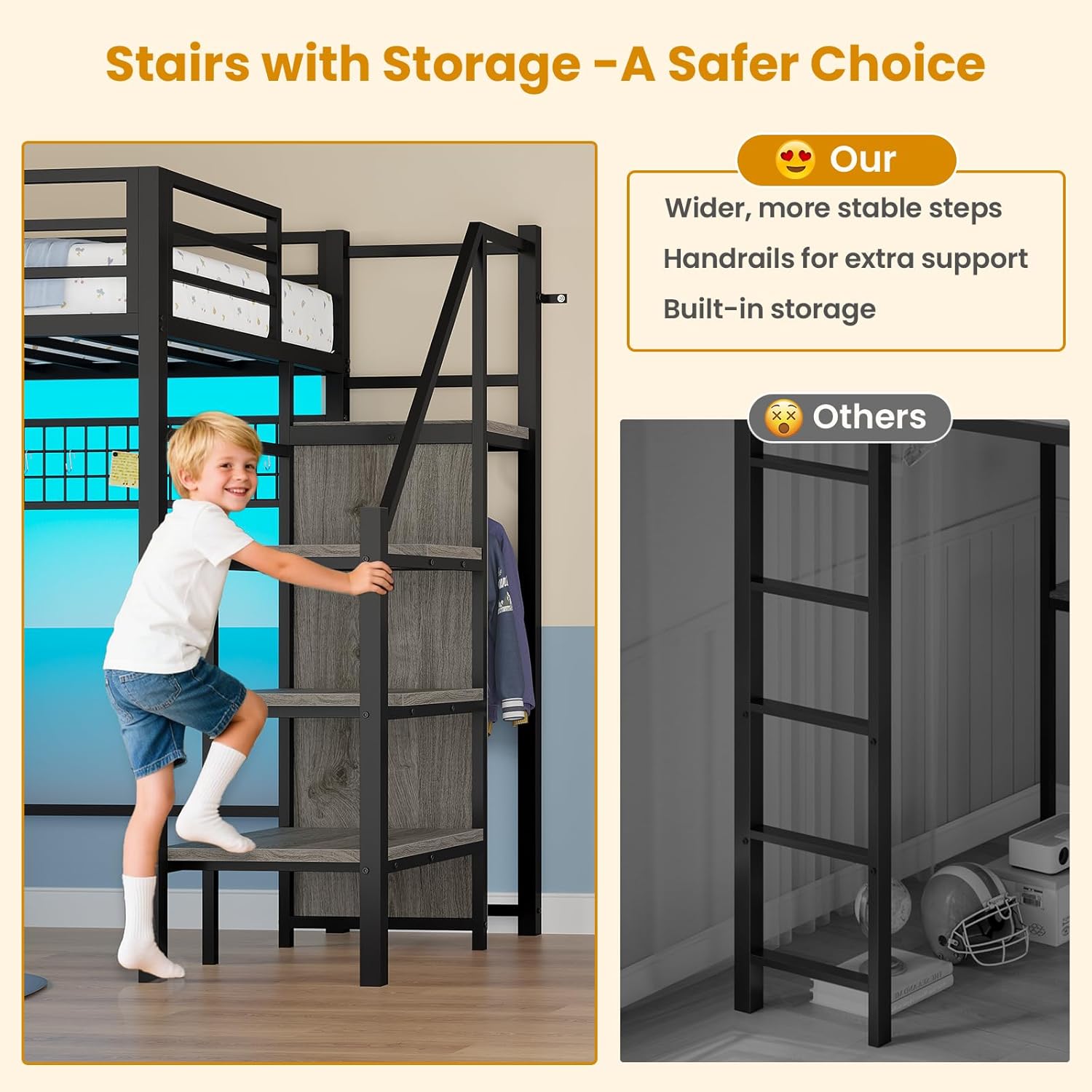 Alternative view of ADORNEVE Twin Size Loft Bed with Storage Stairs, 8 Drawers, Metal Kids Loft Bed Twin with LED Lights, Power Outlet, Shelves and Wardrobe, 13" H Safety Guard,Large Under-Beds Space, Grey