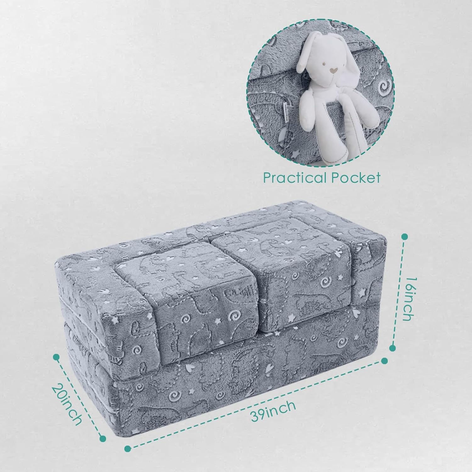 MeMoreCool Dinosaur Glow Foam Kids Play Couch Set, Gray Modular Sofa & Lounger u2013 Glow-After-Light Dinosaur Pattern, Machine-Washable Cover