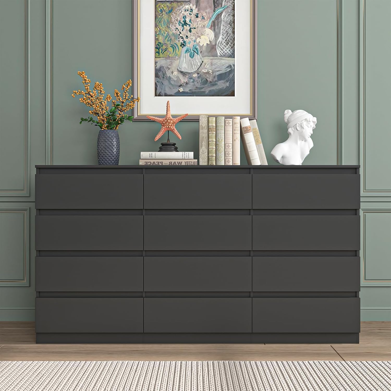 Vibe & Dine Black Dresser 12 Drawer, Modern Long Dresser for Bedroom, Wood Chest of Drawers with Wide Storage for Living Room