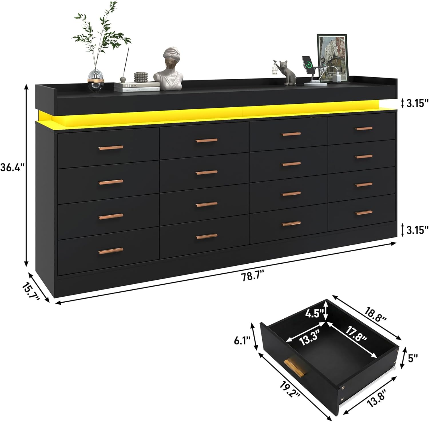 jiteentarou 16 Drawer Dresser with Charging Station and LED Lights, Modern Chest of Drawers with Power Outlet, Organizer Cabinet for Bedroom, Living Room, Entryway, Black