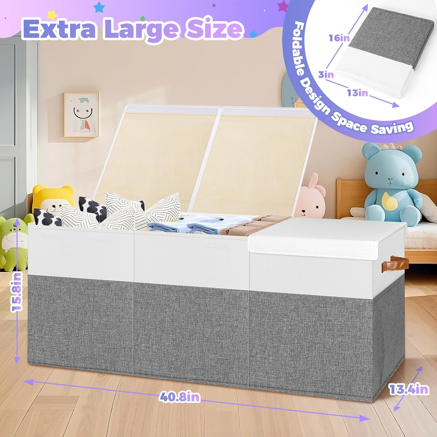 Extra Large Toy Storage Box with Lid, Collapsible Sturdy Toys Chest Storage Organizer Bin Basket with Divider for Kids, Boys, Girls, Closet, Playroom, Bedroom, Nursery, 40"X14"X16", Gray & White