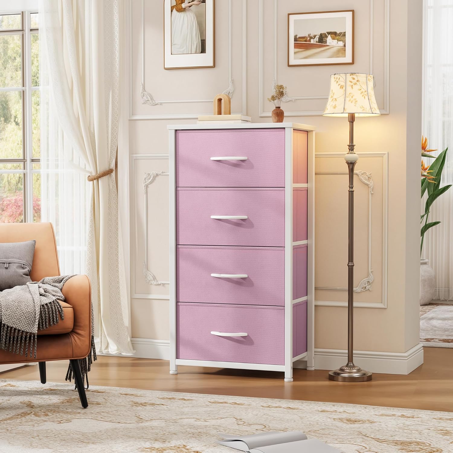 DWVO Storage Drawer with 4 Drawers - Fabric Dressers, Dresser for Bedroom, Living Room, Closets - Sturdy Steel Frame, Wooden Top & Easy Pull Fabric Bins