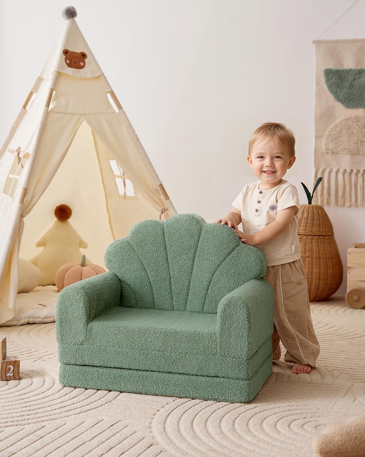 Blissful Diary Kids Couch, 2-in-1 Soft Toddler Couch Fold Out, Toddler Chair Comfy, Convertible Sofa to Lounger, Kids Furniture for Playroom, Gift for Birthday, Children's Day, Green Shell