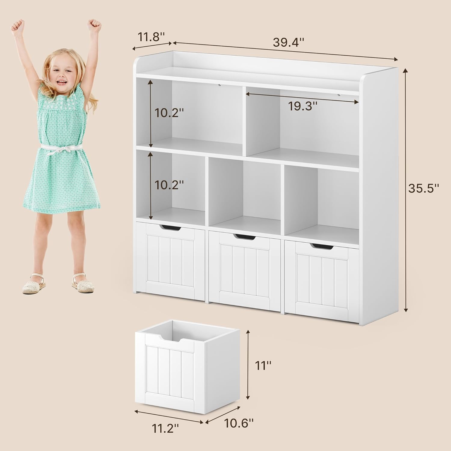 Gizoon Toy Storage Cabinet and Kids Bookcase with 3 Movable Drawers and 6 Open Shelves Featuring Fall Prevention Barrier for Playroom Nursery Kids Room Organization, White