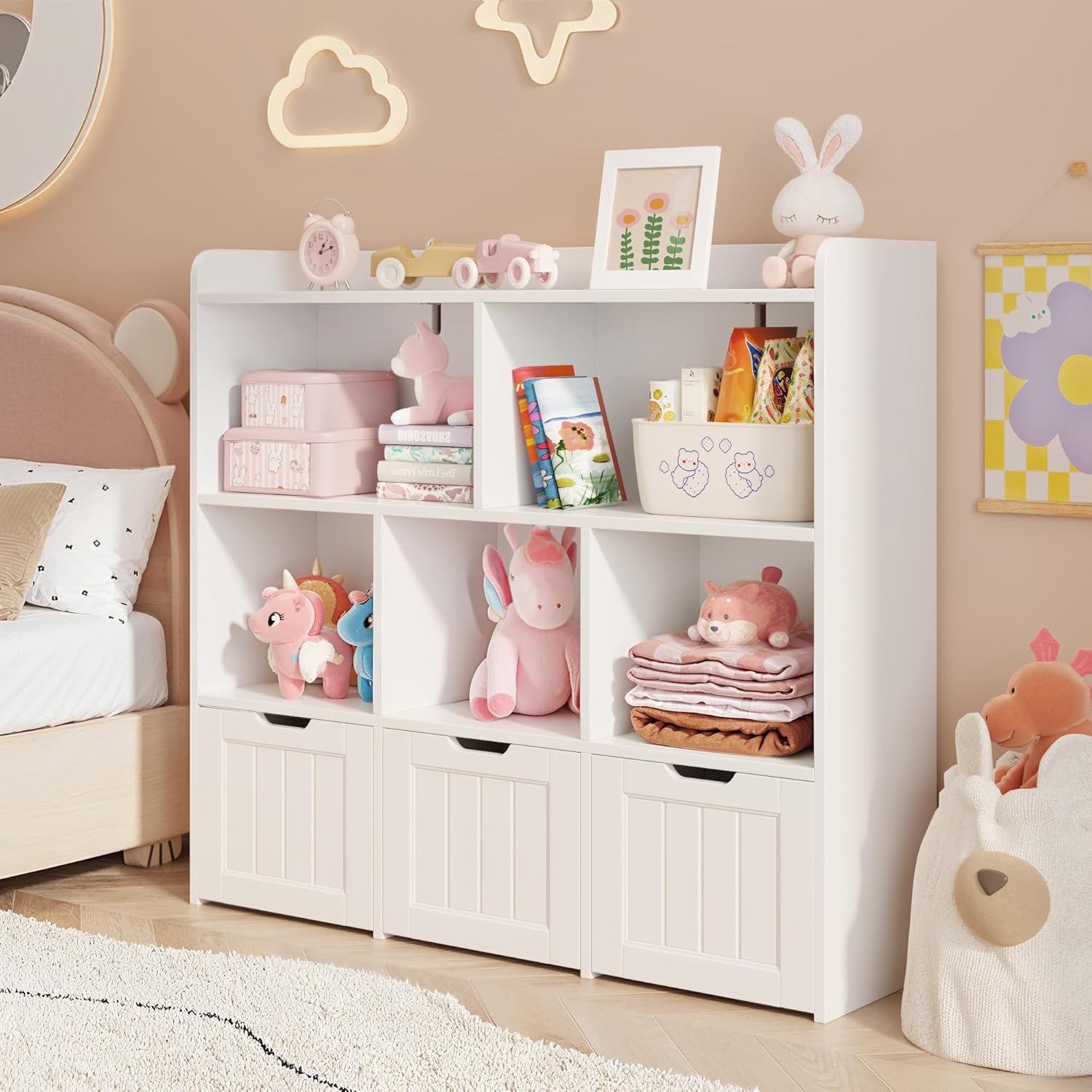 Alternative view of Gizoon Toy Storage Cabinet and Kids Bookcase with 3 Movable Drawers and 6 Open Shelves Featuring Fall Prevention Barrier for Playroom Nursery Kids Room Organization, White