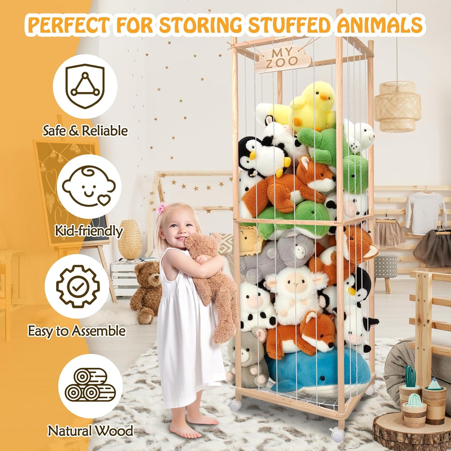 BETBEM Stuffed Animal Storage Zoo with Wheels, 64" Wooden Large Stuff Animals Plushies Holder Toy Organizer Kids Plush Storage Cage with Elastic Band and Net for Nursery Playroom Corner for Toddler - Image 4