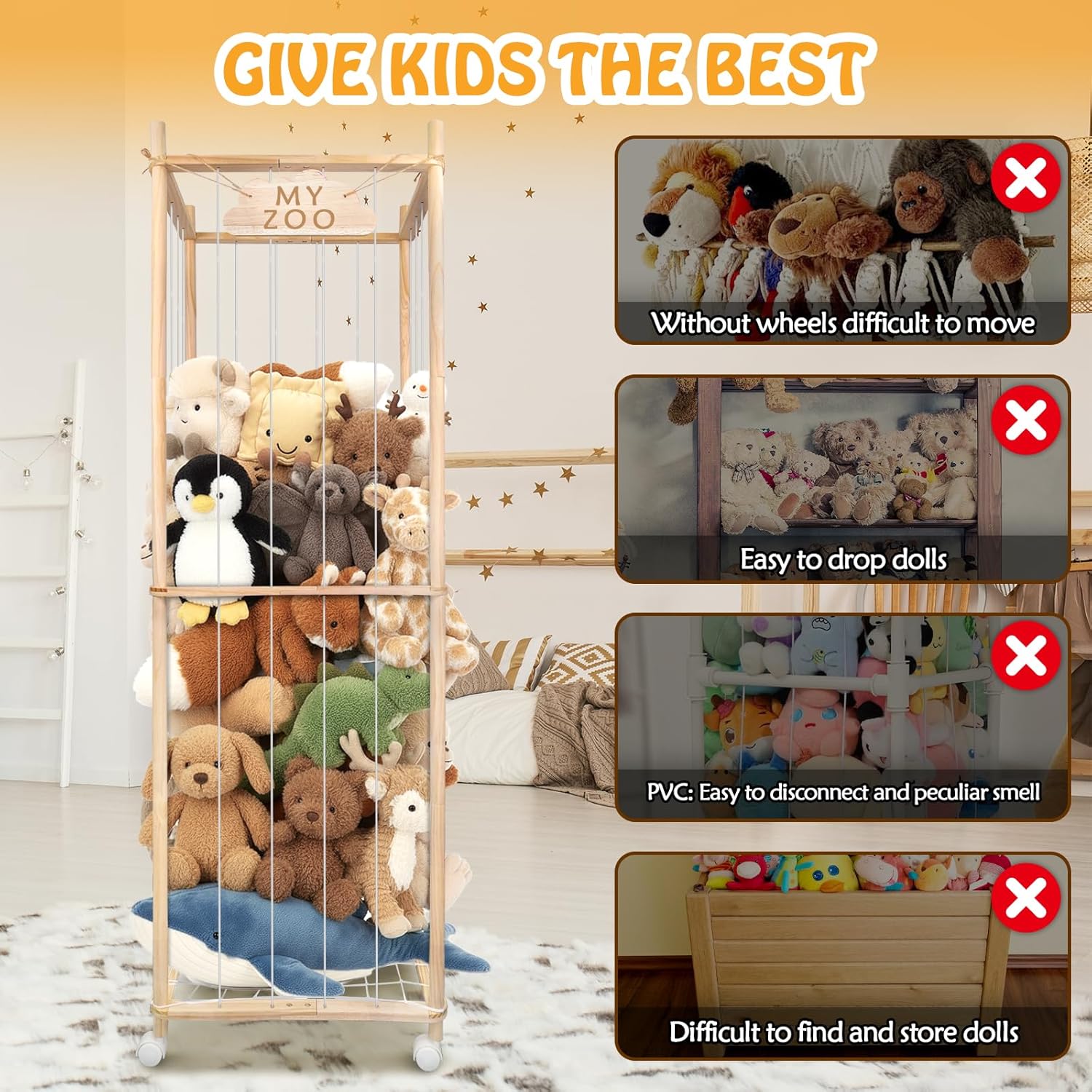 BETBEM Stuffed Animal Storage Zoo with Wheels, 64" Wooden Large Stuff Animals Plushies Holder Toy Organizer Kids Plush Storage Cage with Elastic Band and Net for Nursery Playroom Corner for Toddler - Image 5