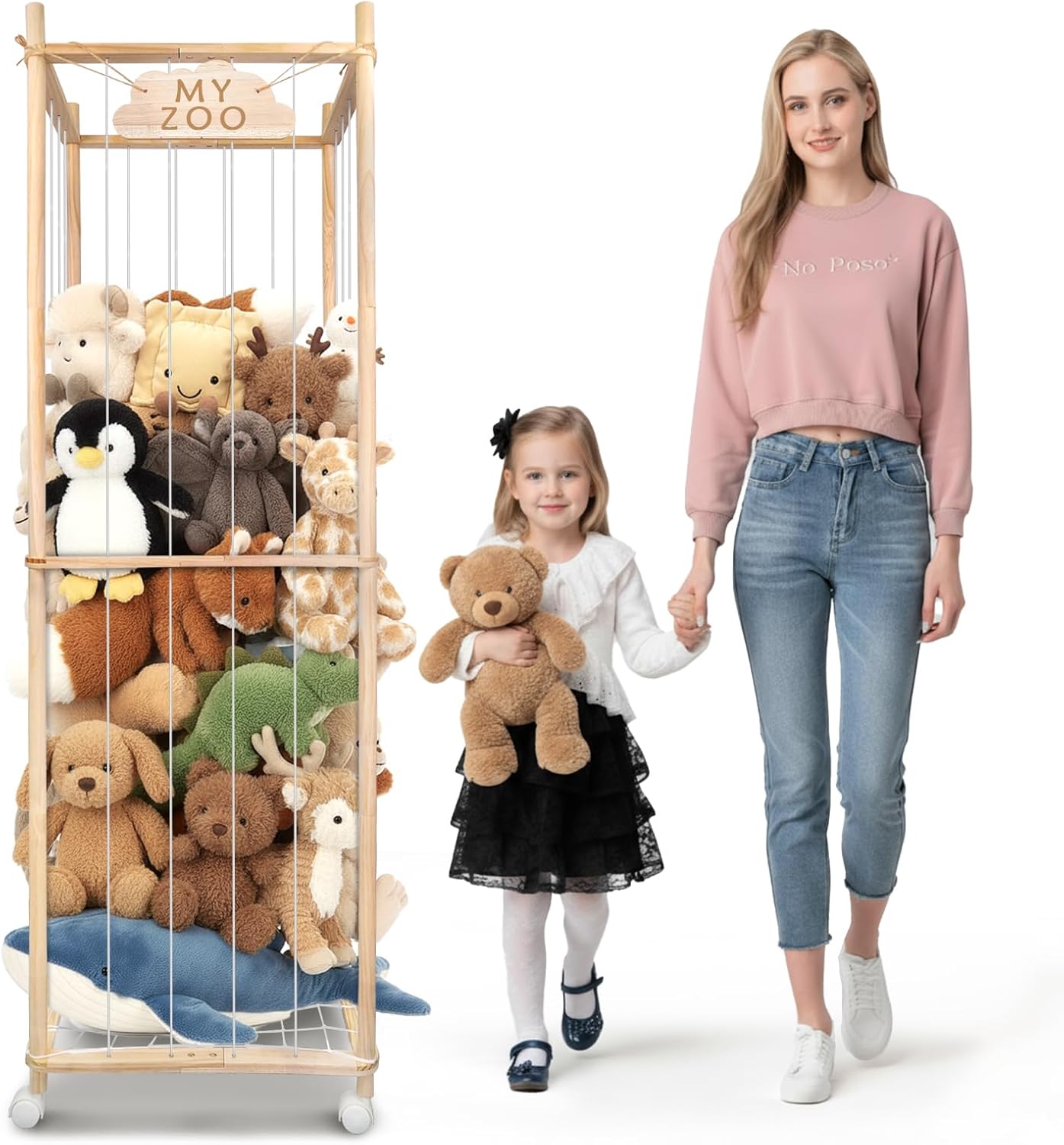 BETBEM Stuffed Animal Storage Zoo with Wheels, 64" Wooden Large Stuff Animals Plushies Holder Toy Organizer Kids Plush Storage Cage with Elastic Band and Net for Nursery Playroom Corner for Toddler - Image 8