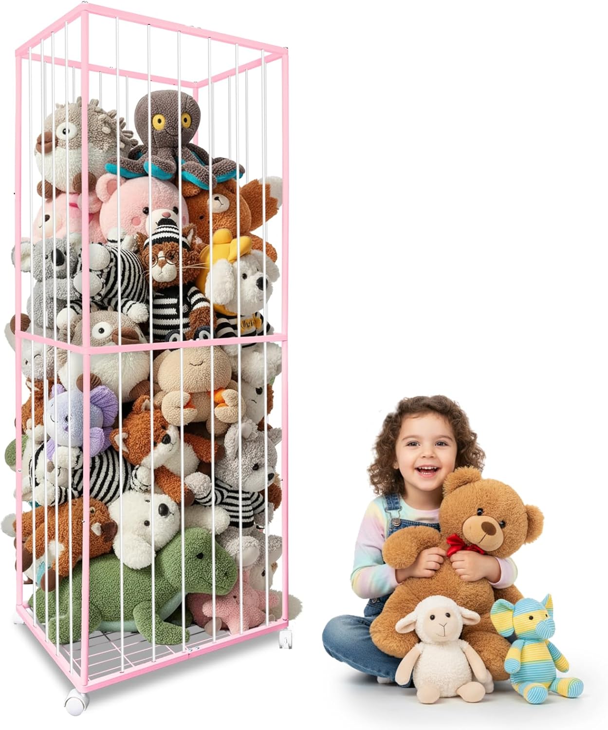 BETBEM Stuffed Animal Storage Zoo with Wheels, 64" Wooden Large Stuff Animals Plushies Holder Toy Organizer Kids Plush Storage Cage with Elastic Band and Net for Nursery Playroom Corner for Toddler - Image 9