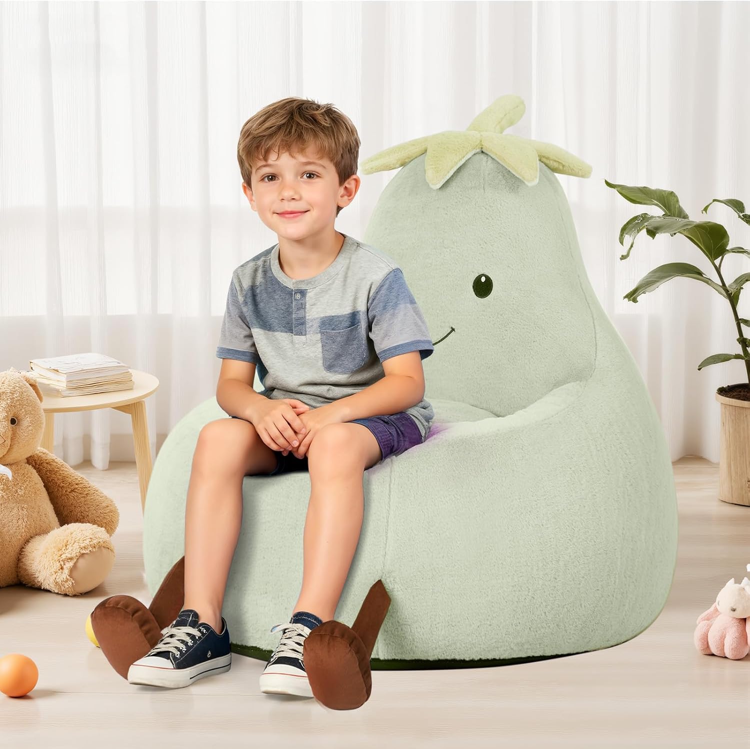 DUMOS Kids Bean Bag Chair, Stuffed Toddler Couch with Faux Rabbit Fur Cover for Teens & Kids, Comfy Lazy Sofa Chair for Reader, Living Room, Bedroom, Aged 4-12 Years, 31 Inch, Green