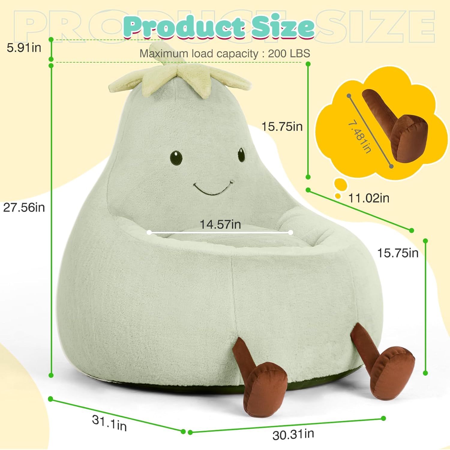 Alternative view of DUMOS Kids Bean Bag Chair, Stuffed Toddler Couch with Faux Rabbit Fur Cover for Teens & Kids, Comfy Lazy Sofa Chair for Reader, Living Room, Bedroom, Aged 4-12 Years, 31 Inch, Green