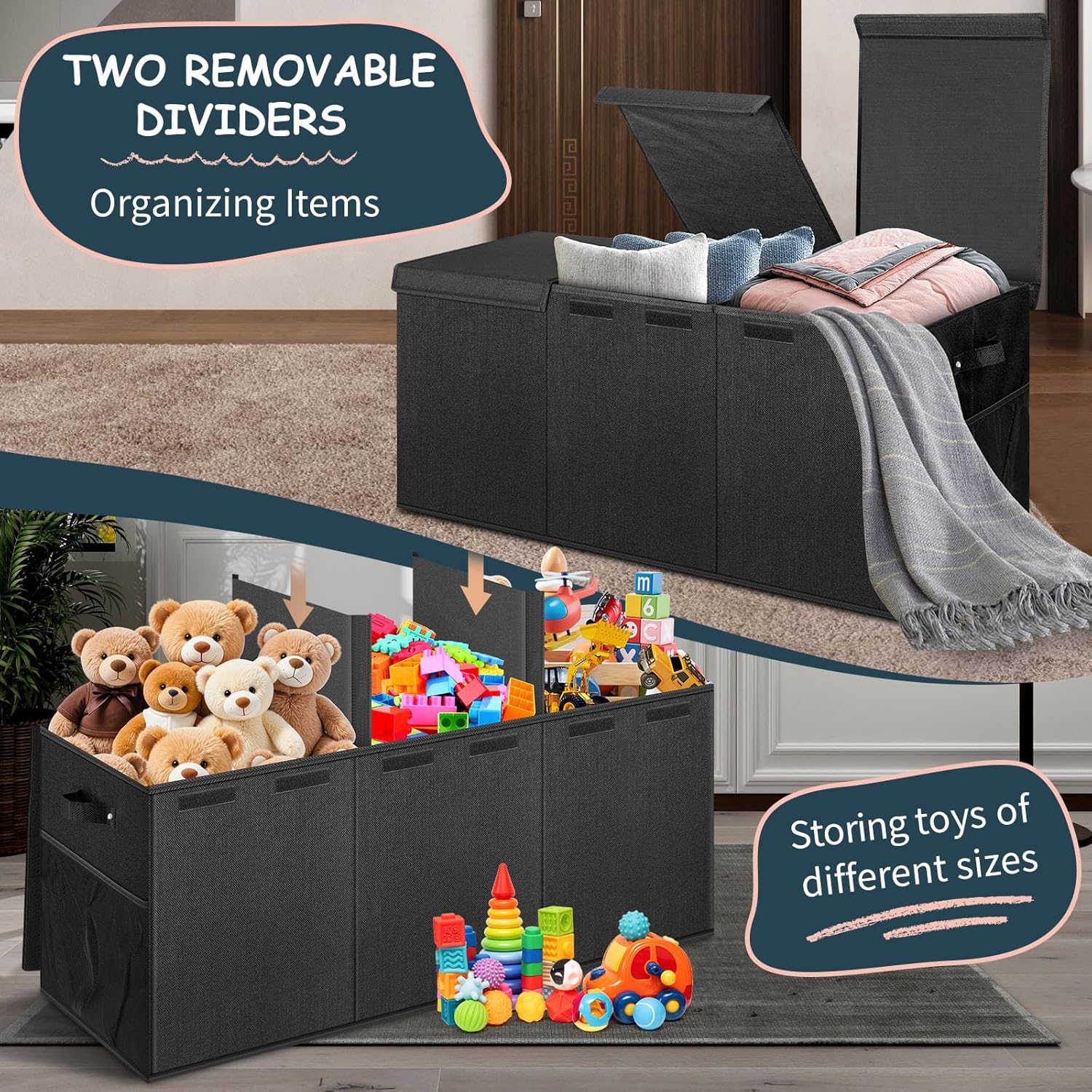 Alternative view of Extra Large Toy Box with Lids - Sturdy Collapsible Kids Storage Organizer Big Bin Chest Basket with Dividers for Boys Girls, Bedroom, Nursery, Living Room, Playroom Organization, 38"x16"x14", Black