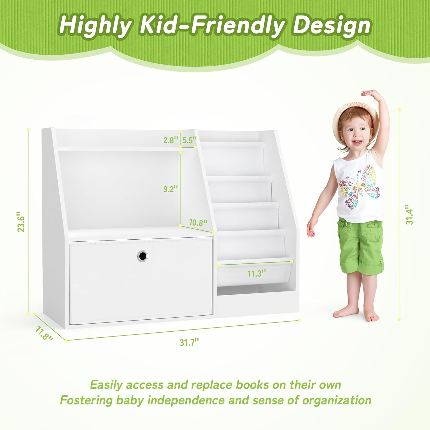 TOETOL Kids Bookshelf,Book Storage Organizer,4 Sling Toddler Wooden Book Shelf,2-Tier Kids Bookcase for Bedroom,Livingroom,Playroom,Nursery-White