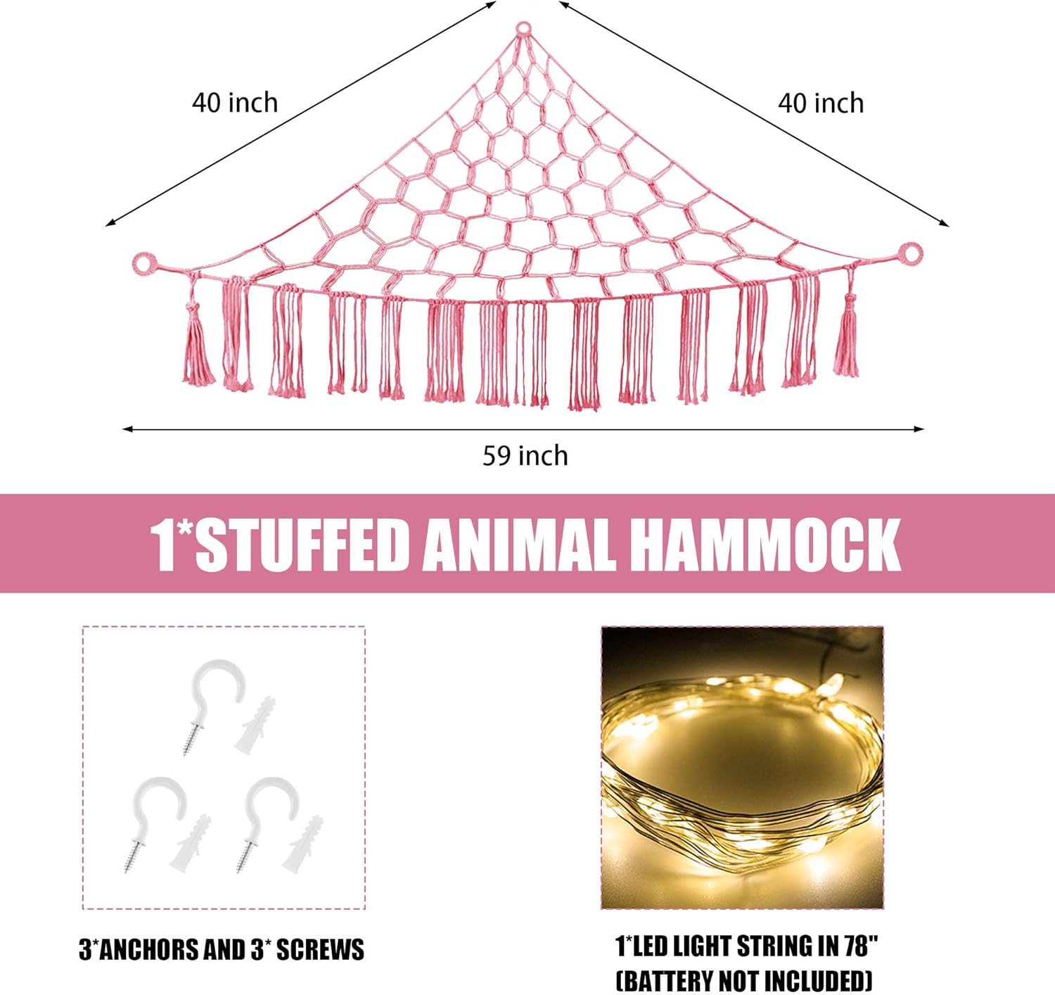 Alternative view of CERETIA Stuffed Animal Hammock with LED Light, Large Stuffed Animals Storage Corner Plushie Net for Kids Room Decor, Pink