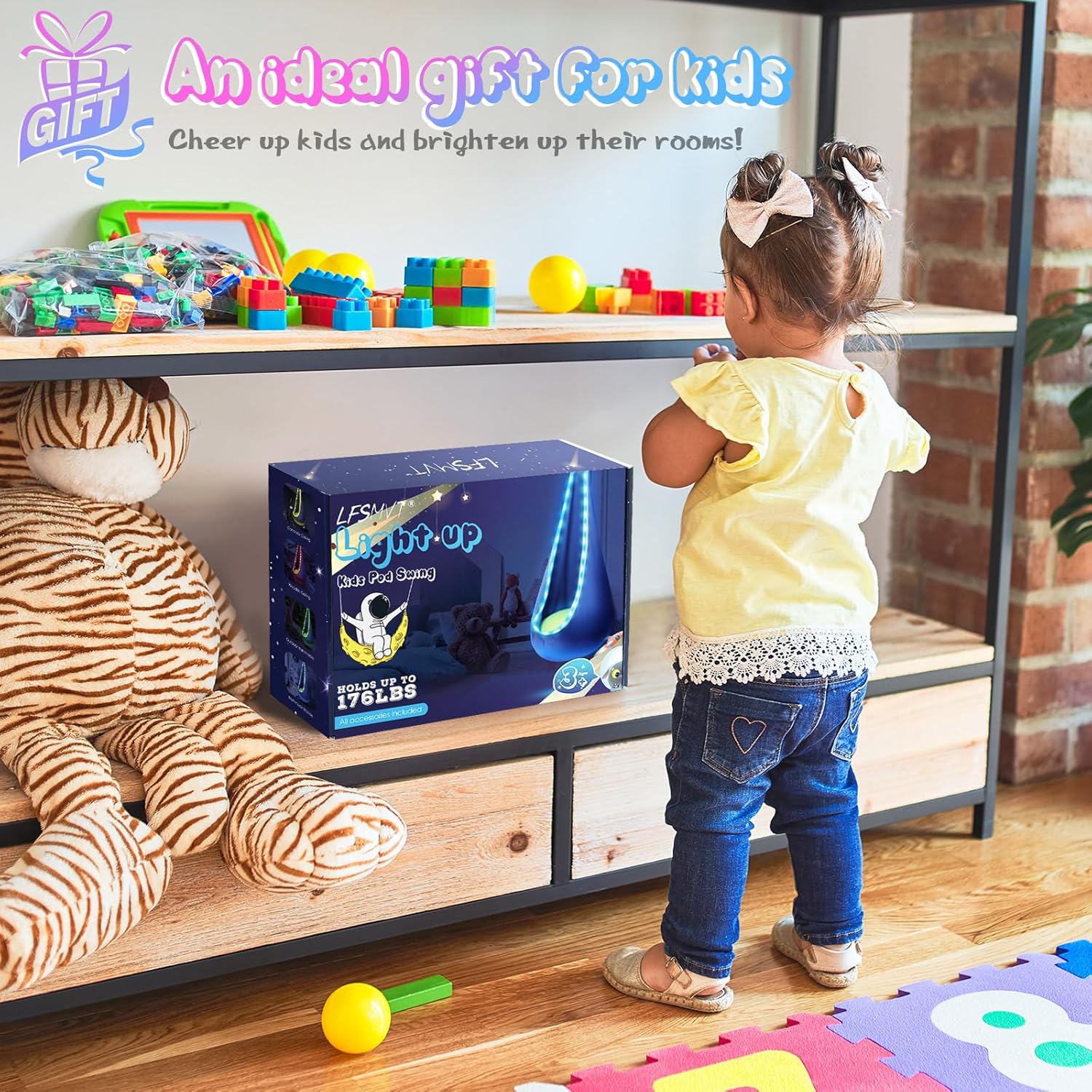 LFSMVT Light Up Kids Pod Swing Seat, Upgraded Kids Hanging Hammock Swing with LED Lights, Cotton Sensory Pod Swing Chair with Inflatable Pillow, Pod Swing for Kids Indoor & Outdoor (1 PCS) (Blue)