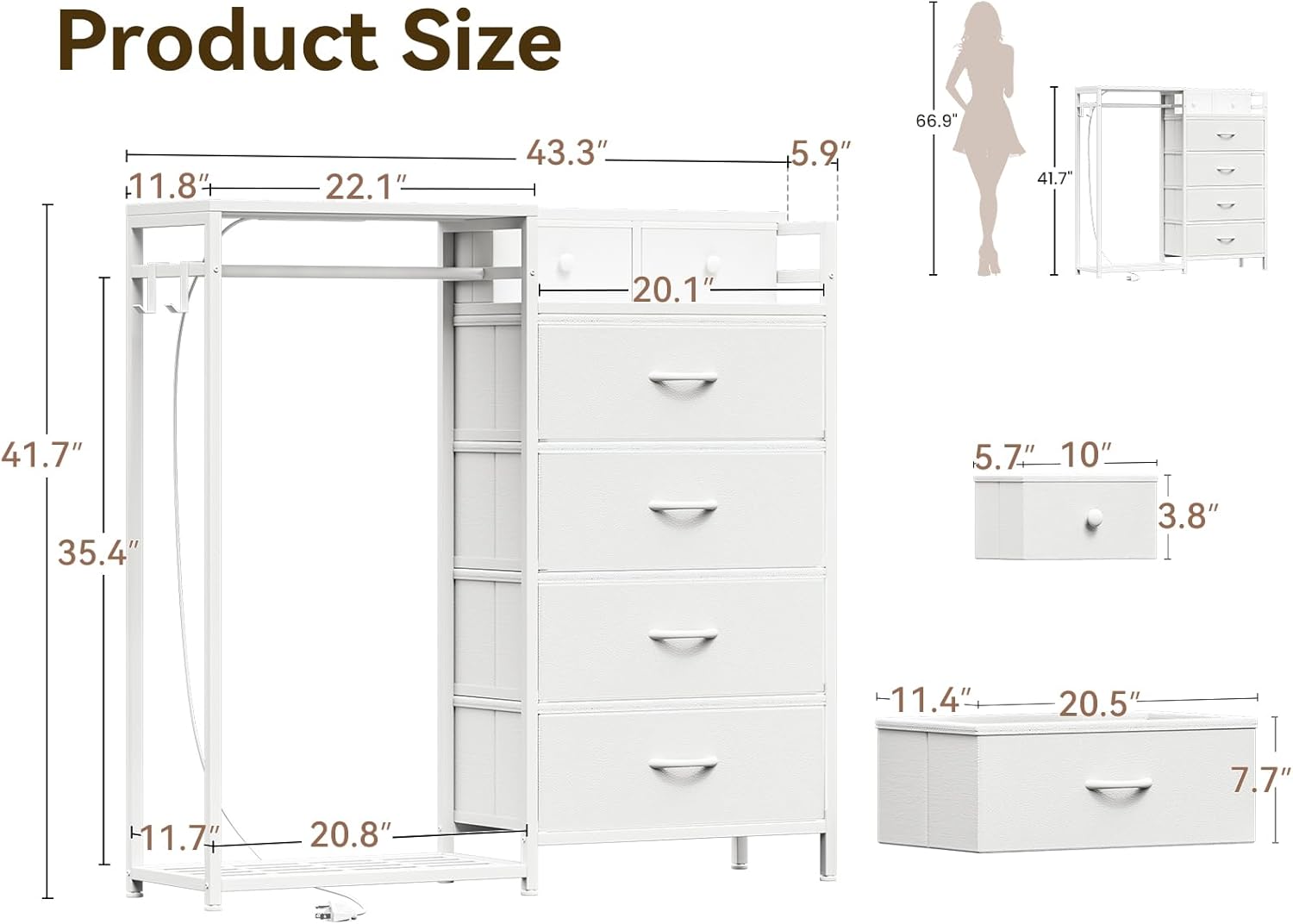 KKL 43" W White Dresser for Bedroom with Hanging Rack, Reversible 6 Drawers Dresser with Led Lights & Charging Station, Fabric Closet Dressers & Chest of Drawers with Clothes Rack for Girls, Kids