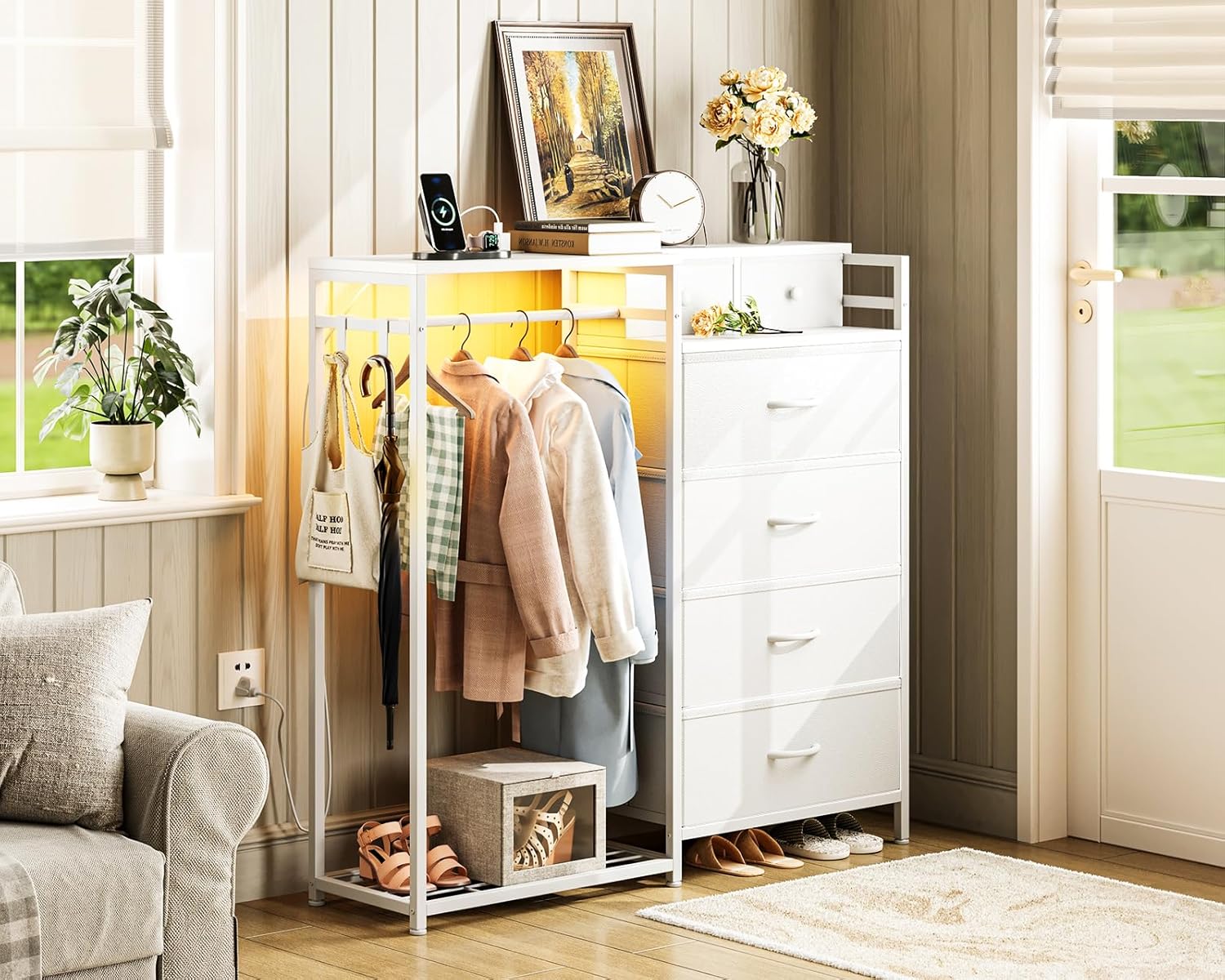Alternative view of KKL 43" W White Dresser for Bedroom with Hanging Rack, Reversible 6 Drawers Dresser with Led Lights & Charging Station, Fabric Closet Dressers & Chest of Drawers with Clothes Rack for Girls, Kids