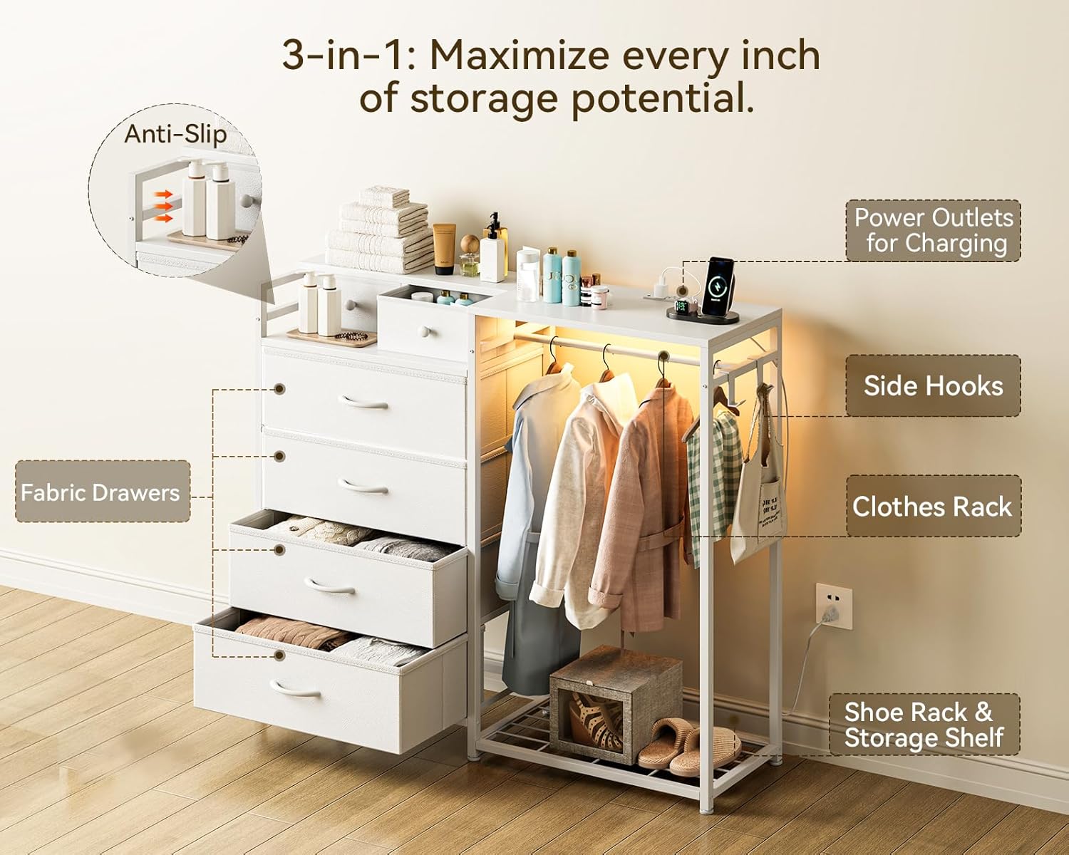 KKL 43" W White Dresser for Bedroom with Hanging Rack, Reversible 6 Drawers Dresser with Led Lights & Charging Station, Fabric Closet Dressers & Chest of Drawers with Clothes Rack for Girls, Kids - Image 3
