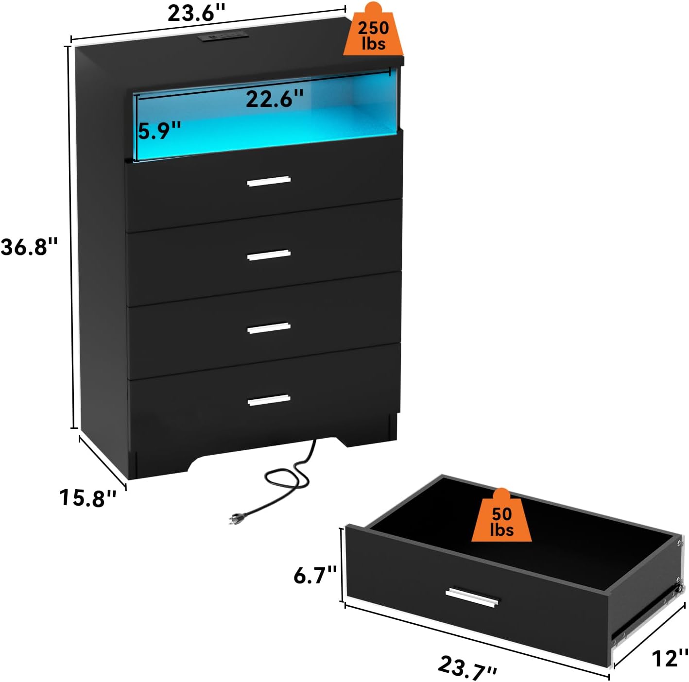 Alternative view of FJTJBSI Dresser with Power Outlets and LED Lights Wooden 4 Drawer Dresser with Large Organizer Tall Black Drawer for Bedroom Modern Chest of Drawers Closet for Living Room Kids Room