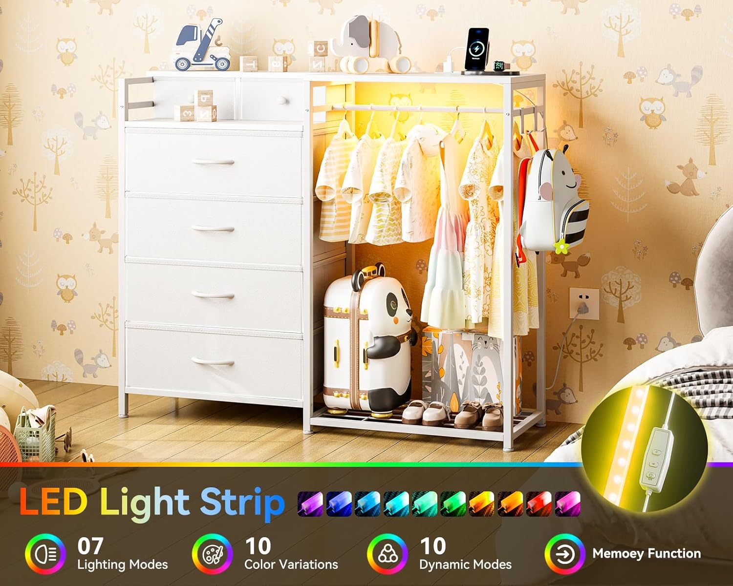 KKL 43" W White Dresser for Bedroom with Hanging Rack, Reversible 6 Drawers Dresser with Led Lights & Charging Station, Fabric Closet Dressers & Chest of Drawers with Clothes Rack for Girls, Kids - Image 4
