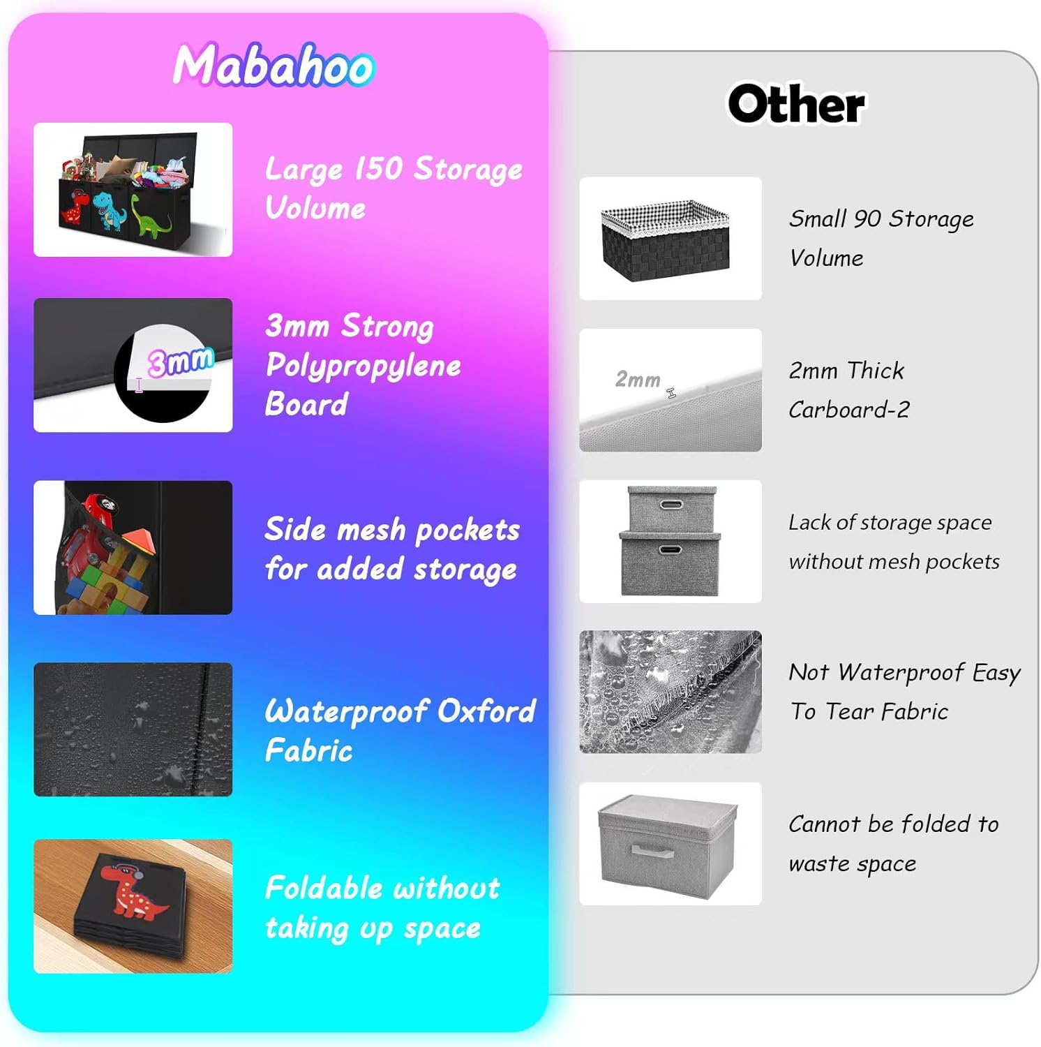 Mabahoo Extra Large Toy Box Chest, Collapsible Storage Organizer with Lids, Sturdy Dinosaur Toybox for Boys Girls, 40"x16"x16" Kids Storage Bin Box Baskets for Living Room, Playroom, Bedroom, Nursery - Image 6