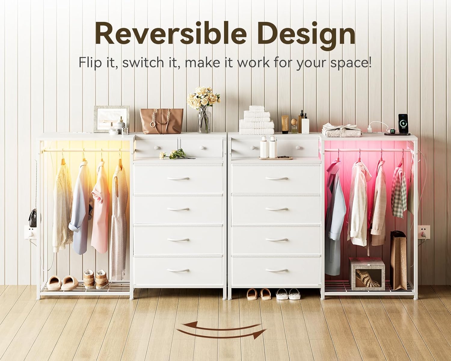 KKL 43" W White Dresser for Bedroom with Hanging Rack, Reversible 6 Drawers Dresser with Led Lights & Charging Station, Fabric Closet Dressers & Chest of Drawers with Clothes Rack for Girls, Kids - Image 6