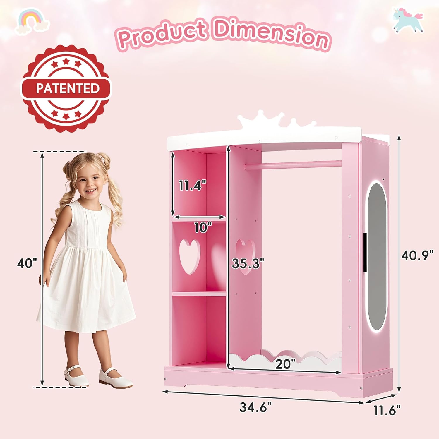 Xilingol Kids Armoire with Jewelry Cabinet, Dress up Storage with Mirror and Shelves, Princess Dress Closet and Costumes Wardrobe Closet, Costume Organizer for Bedroom, Kids Room, Girls (Pink)