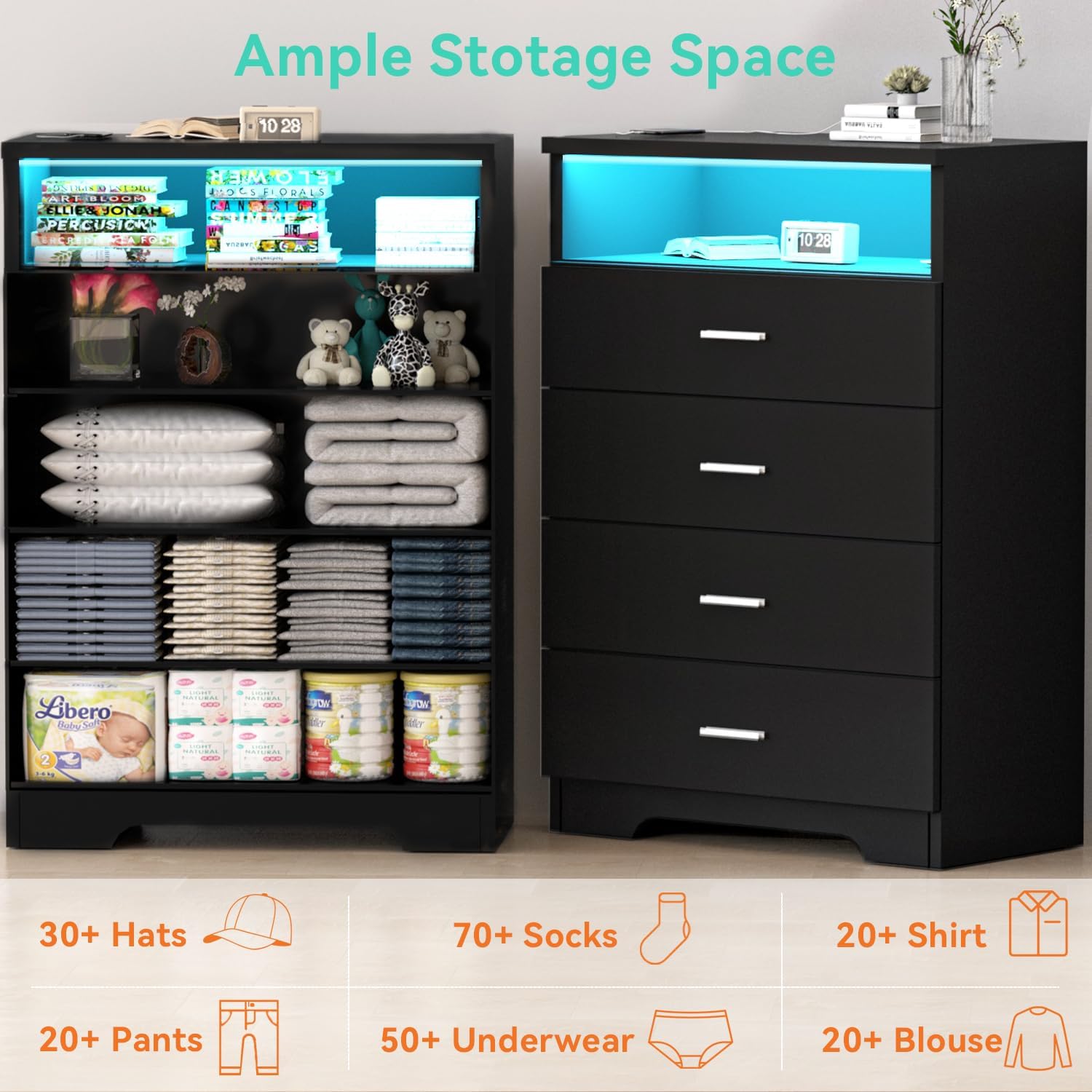 FJTJBSI Dresser with Power Outlets and LED Lights Wooden 4 Drawer Dresser with Large Organizer Tall Black Drawer for Bedroom Modern Chest of Drawers Closet for Living Room Kids Room - Image 5