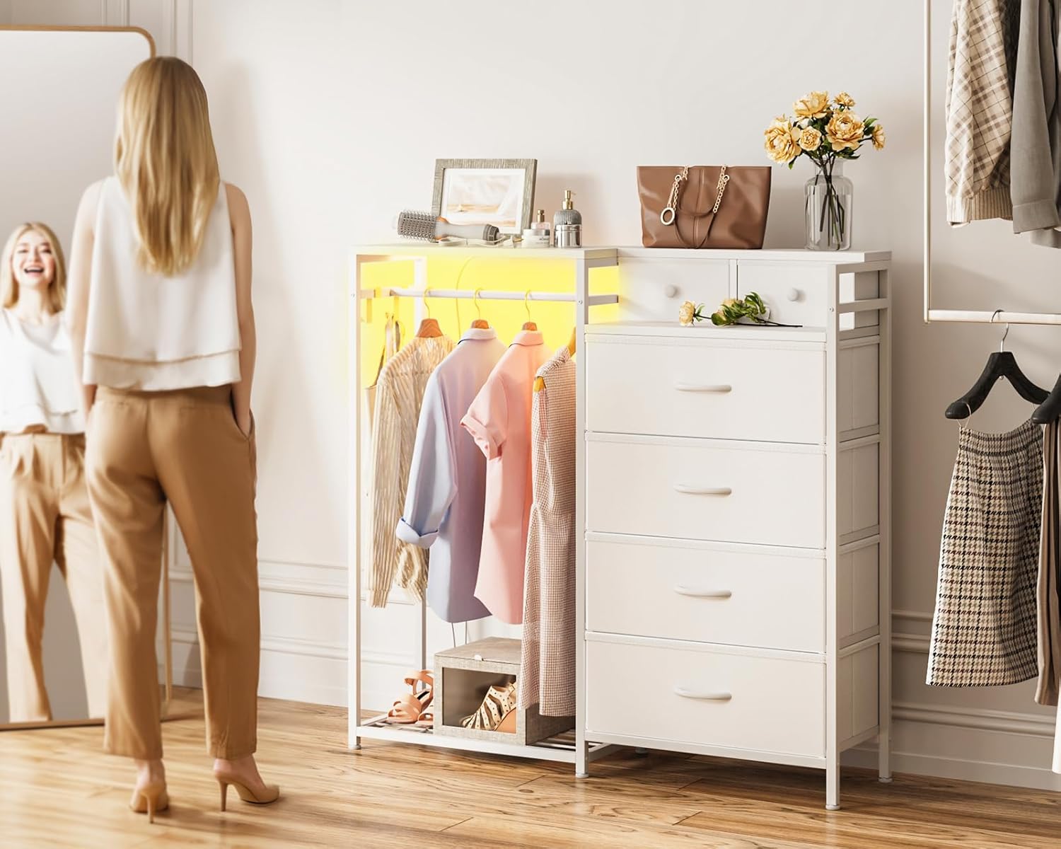 KKL 43" W White Dresser for Bedroom with Hanging Rack, Reversible 6 Drawers Dresser with Led Lights & Charging Station, Fabric Closet Dressers & Chest of Drawers with Clothes Rack for Girls, Kids - Image 7