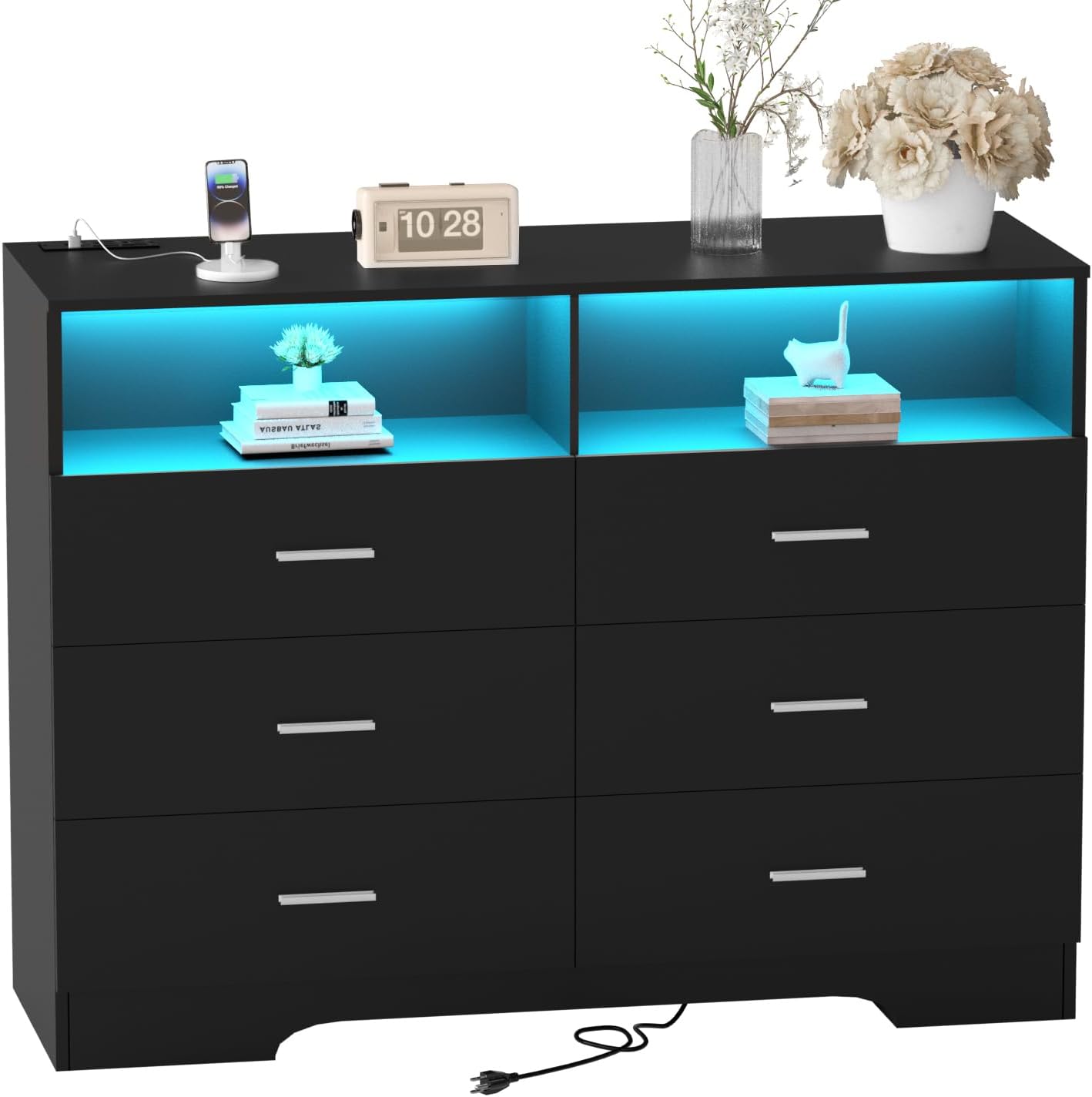 FJTJBSI Dresser with Power Outlets and LED Lights Wooden 4 Drawer Dresser with Large Organizer Tall Black Drawer for Bedroom Modern Chest of Drawers Closet for Living Room Kids Room - Image 8