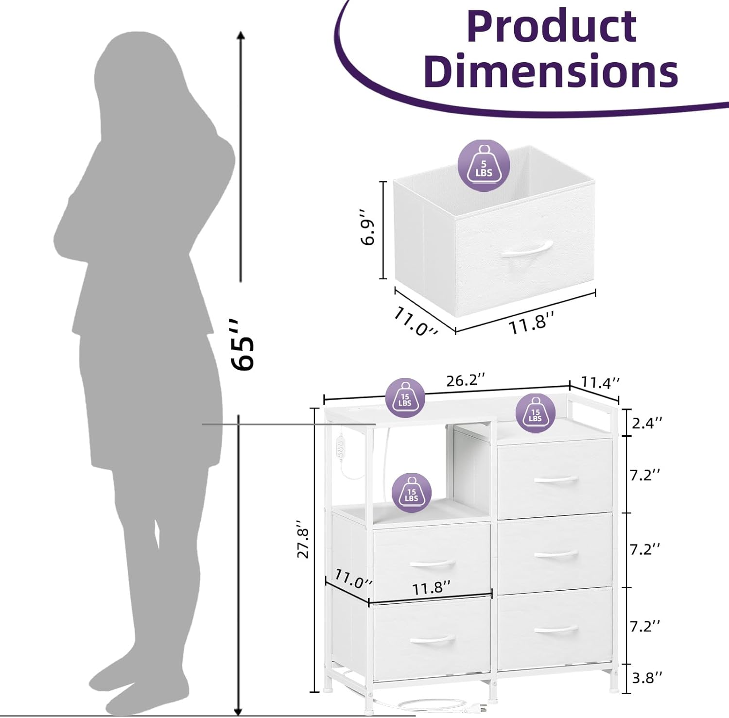 Alternative view of Somdot White Nightstand with Charging Station and LED Light, Wide 5 Drawers Dresser for Bedroom with Fabric Bins and Open Shelf for Bedroom Kids Closet Dorm Guest Room, White Leather