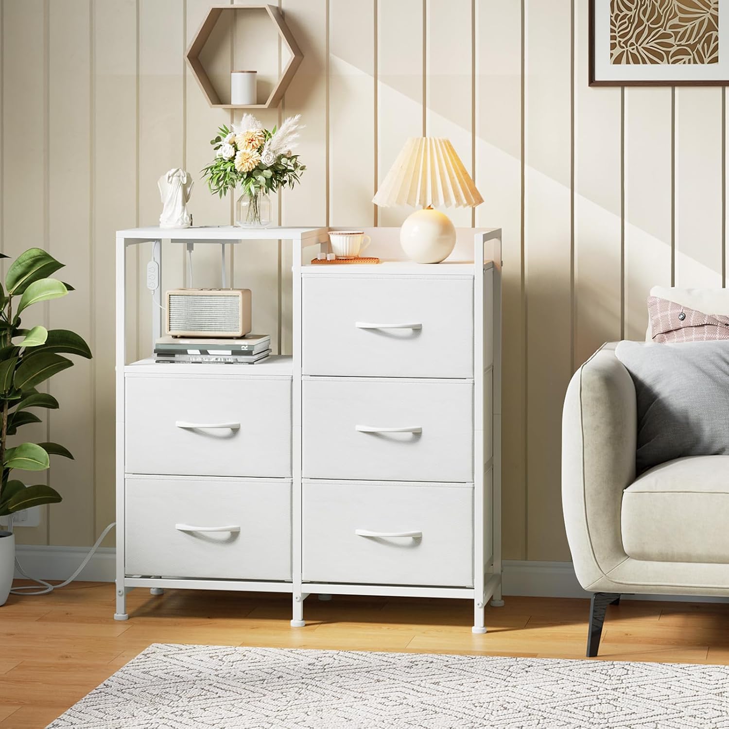 Somdot White Nightstand with Charging Station and LED Light, Wide 5 Drawers Dresser for Bedroom with Fabric Bins and Open Shelf for Bedroom Kids Closet Dorm Guest Room, White Leather