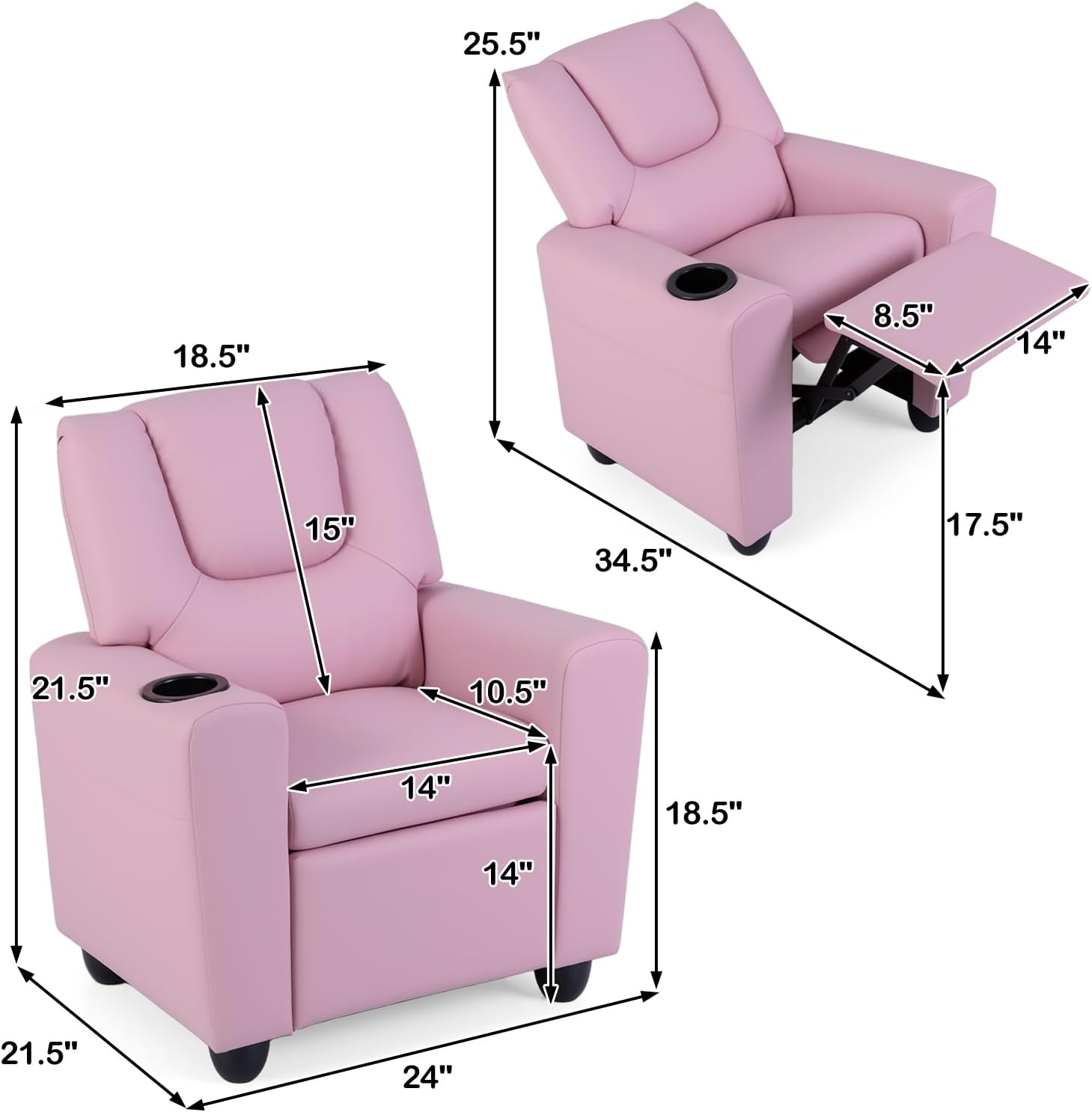 Alternative view of Costzon Kids Recliner Chair with Cup Holder, Toddler Room Furniture Children Armrest Sofa w/Headrest & Footrest for Girls Boys Baby Bedroom, PU Leather Couch (Pink)