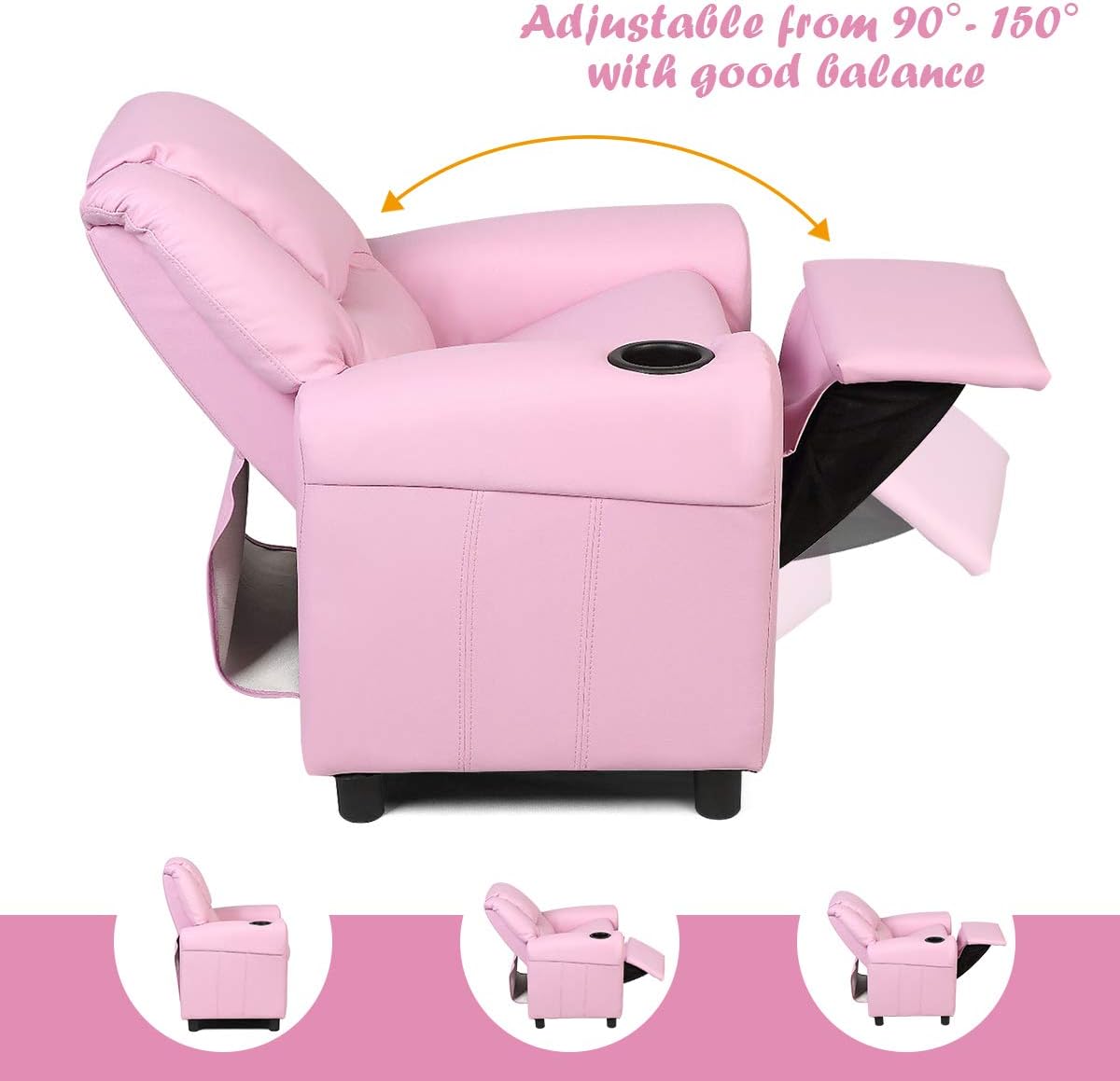 Costzon Kids Recliner Chair with Cup Holder, Toddler Room Furniture Children Armrest Sofa w/Headrest & Footrest for Girls Boys Baby Bedroom, PU Leather Couch (Pink) - Image 3