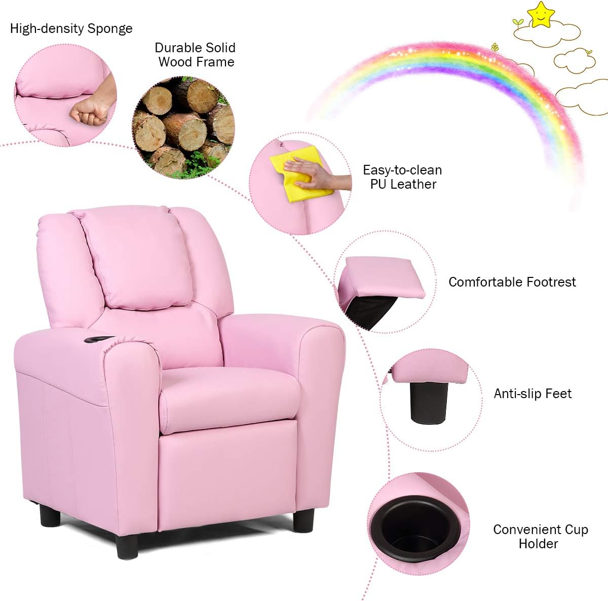 Costzon Kids Recliner Chair with Cup Holder, Toddler Room Furniture Children Armrest Sofa w/Headrest & Footrest for Girls Boys Baby Bedroom, PU Leather Couch (Pink) - Image 4