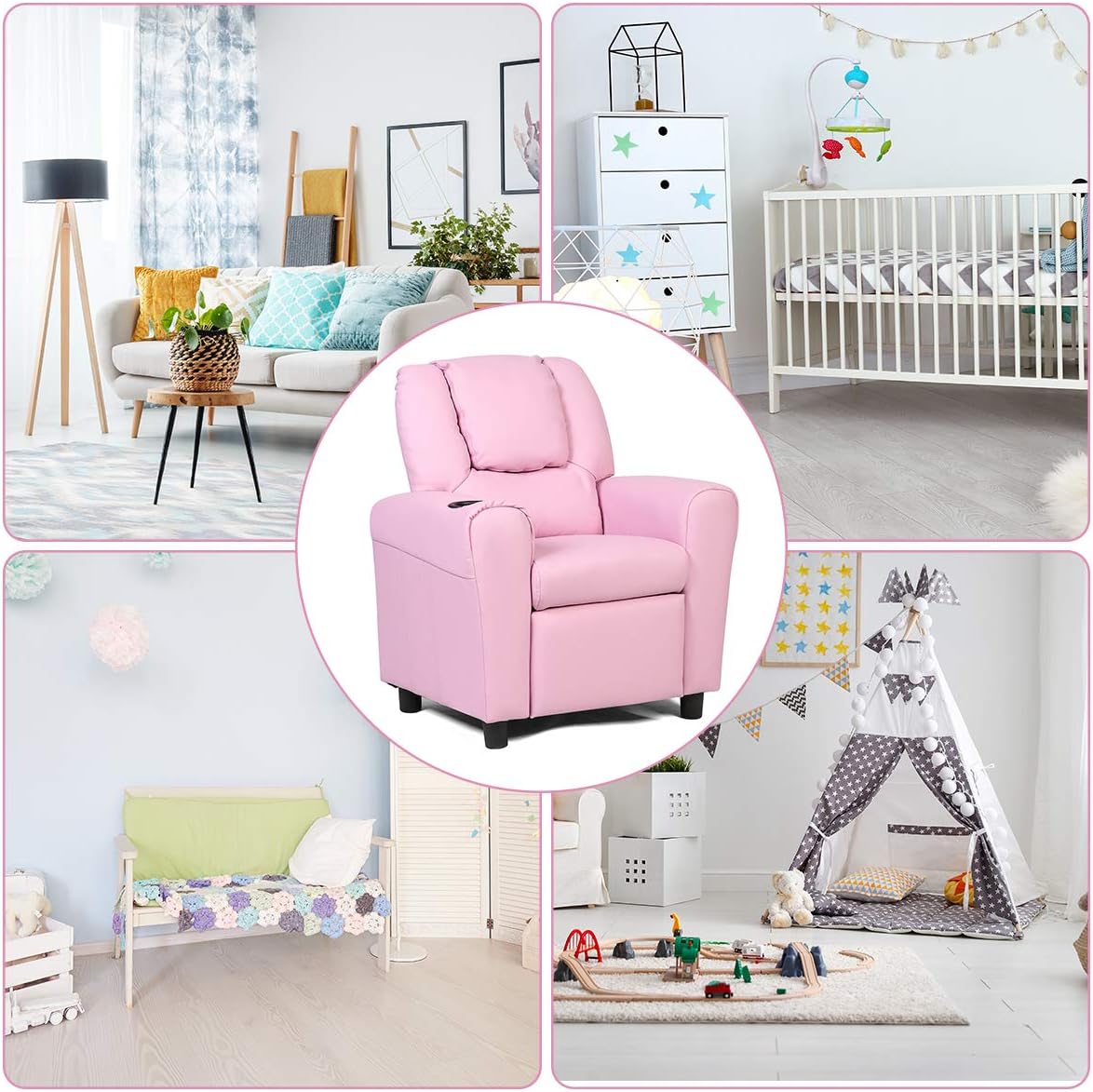 Costzon Kids Recliner Chair with Cup Holder, Toddler Room Furniture Children Armrest Sofa w/Headrest & Footrest for Girls Boys Baby Bedroom, PU Leather Couch (Pink) - Image 6