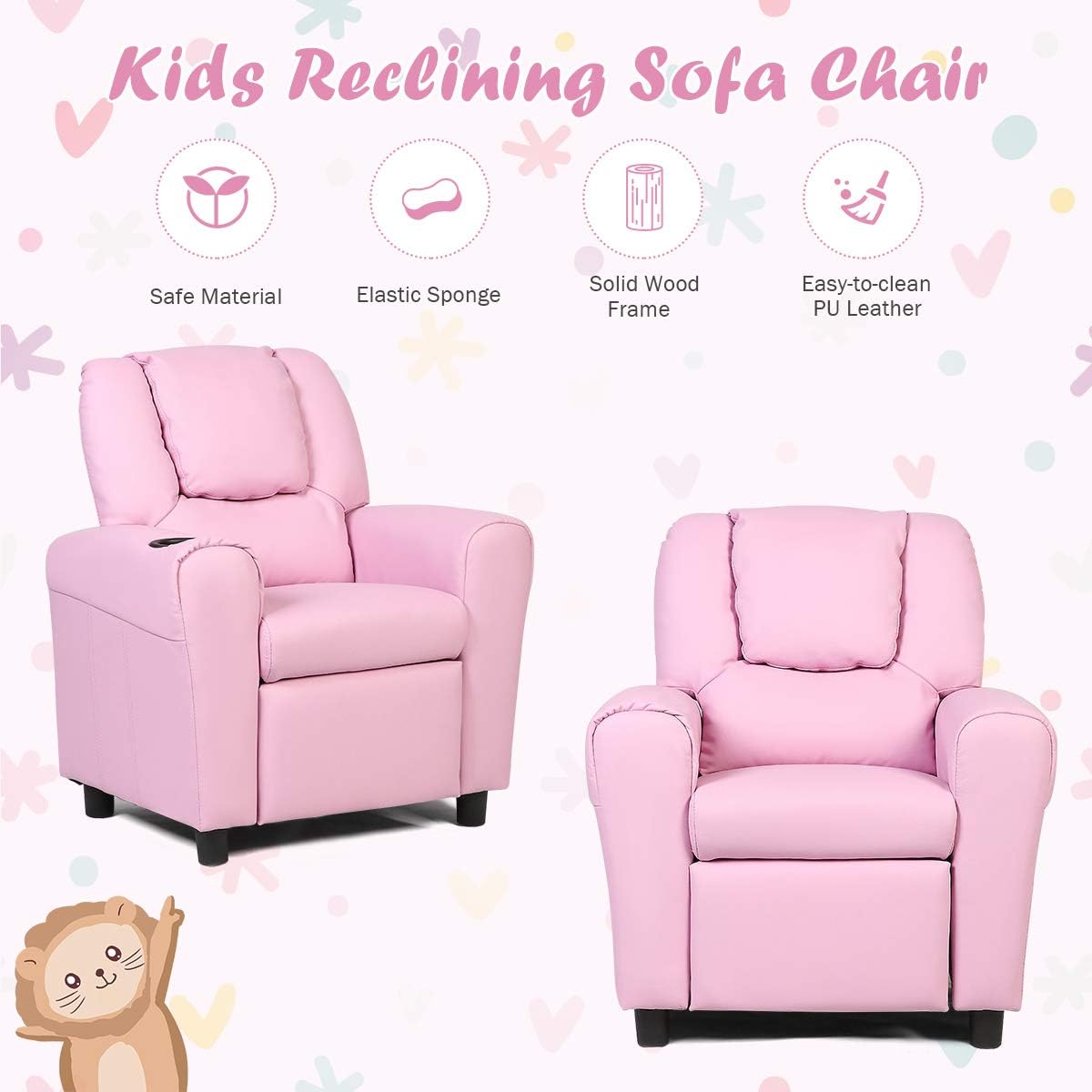 Costzon Kids Recliner Chair with Cup Holder, Toddler Room Furniture Children Armrest Sofa w/Headrest & Footrest for Girls Boys Baby Bedroom, PU Leather Couch (Pink) - Image 7