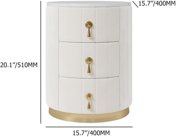 homary Velvet Nightstand with 3 Drawers, White Round Bedside Table with Sintered Stone Top, Modern Nightstand with Storage for Bedroom, End Table for Living Room