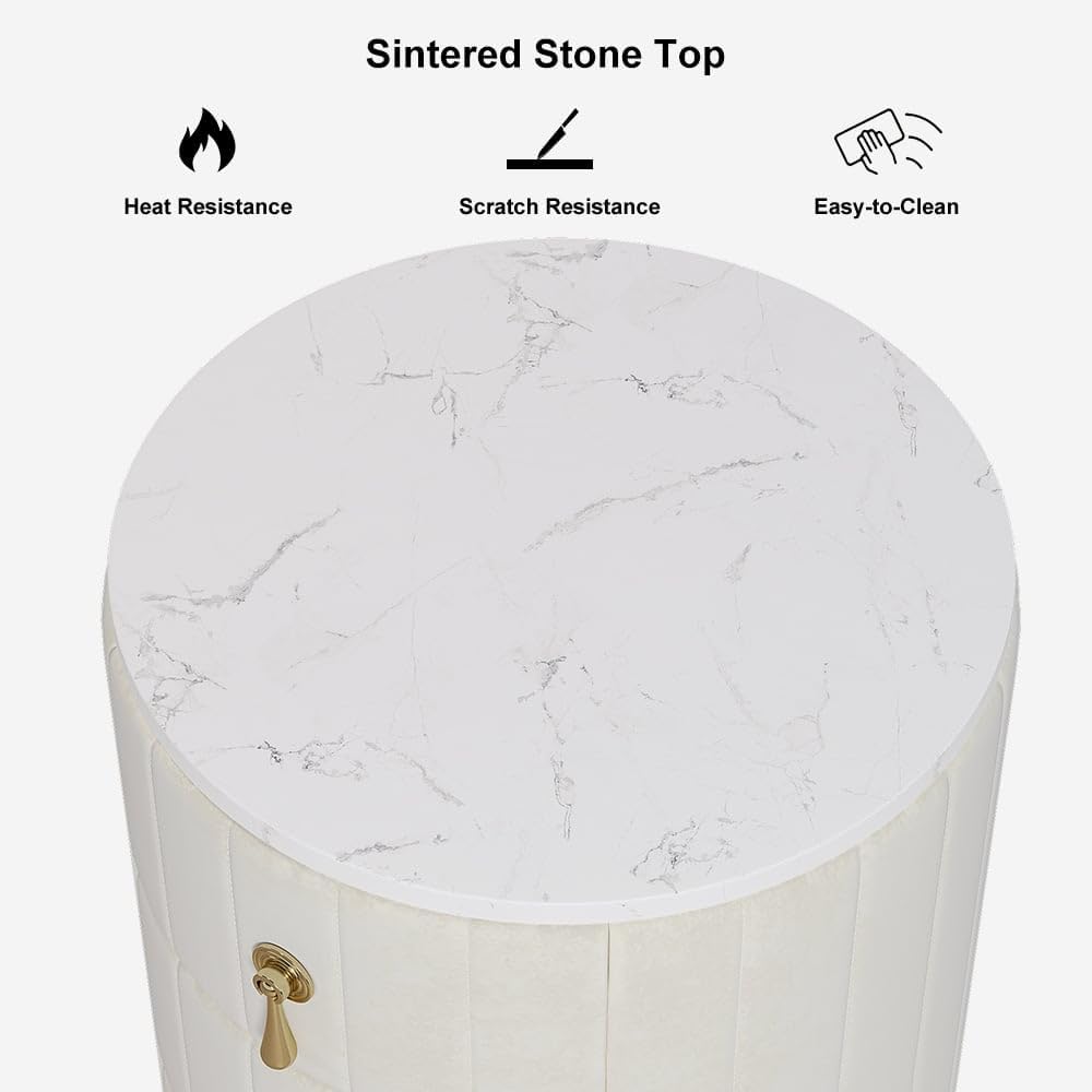 Alternative view of homary Velvet Nightstand with 3 Drawers, White Round Bedside Table with Sintered Stone Top, Modern Nightstand with Storage for Bedroom, End Table for Living Room
