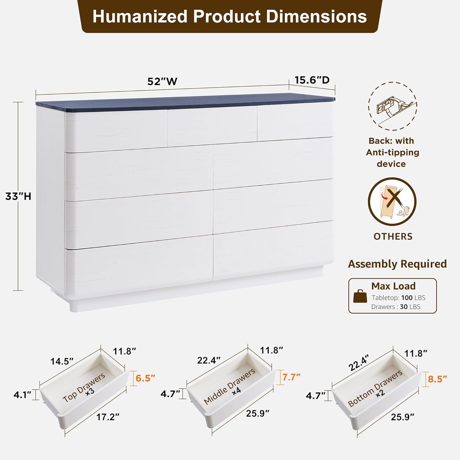ACCOHOHO Modern 9 Drawer Dresser for Bedroom, 52" Wide Wooden Dressers with Large Storage,Handleless Chest of Drawers TV Stand for Living Room & Hallway, Curved Profile Design, White