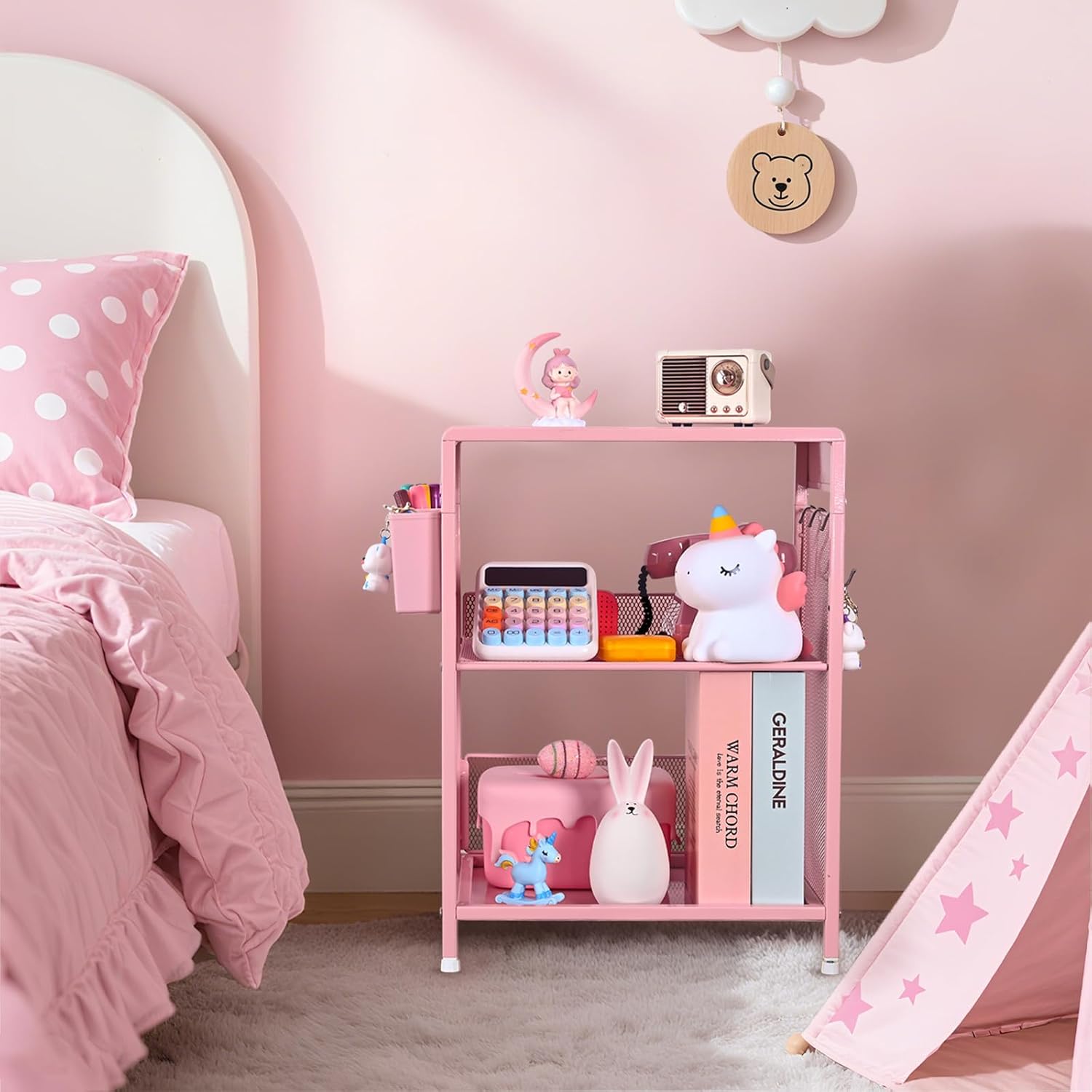 Gugsey Pink Small Nightstand, Kids Nightstand for Bedroom, End Table with Hooks and Holder, Toddler Bedside Table for Girls, Desk Organizer for Office, Dorm (Pink)
