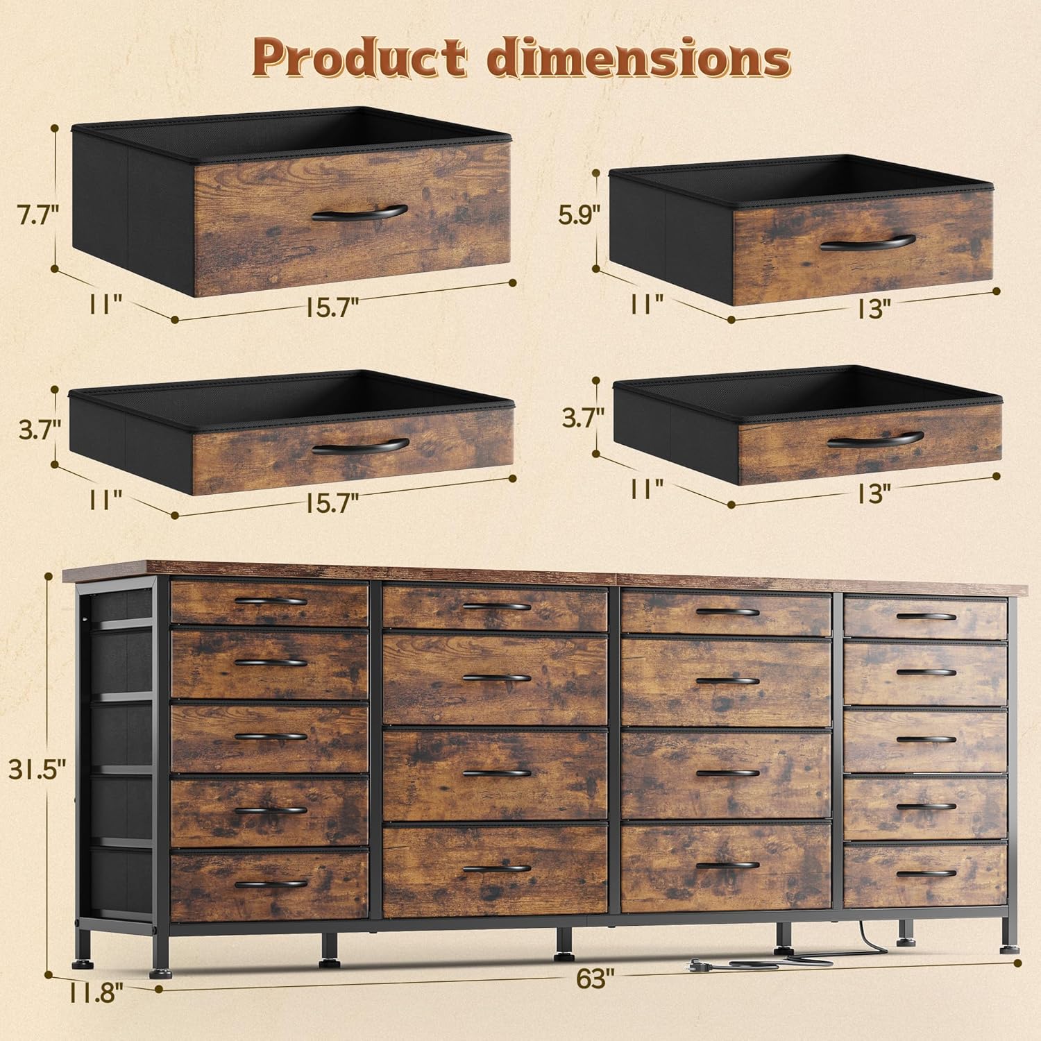 63"W TV Stand for Bedroom with LED Light & Power Outlets, Long Dresser with 18 Deep Drawers for 65 70 75 inch TV, Fabric Dresser TV Stands for Living Room Entryway Hallway Closet, Rustic Brown