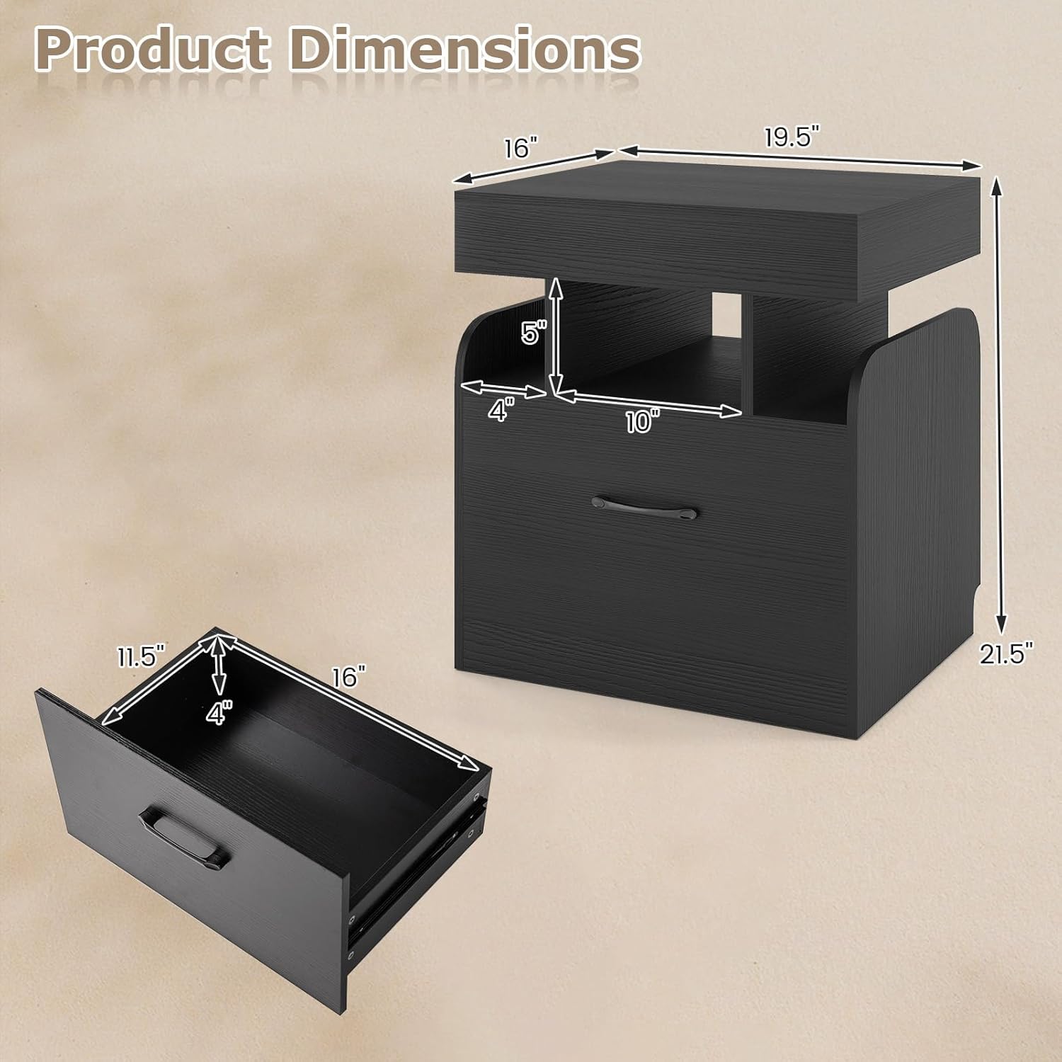 Alternative view of Giantex Nightstand with Charging Station Set of 2, Modern Bedside Table with 2 Storage Drawers & 3 Open Compartments, Small End Table for Bedroom & Dorm, Black