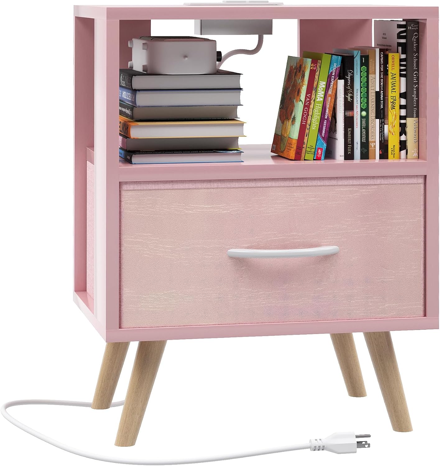 Alternative view of Aenuert Night Stand with Charging Station, Pink Kids Nightstand with Drawer, 2-Tier Nursery Bedside Table with USB Ports and Outlets, End Table for Small Space, Living Room, Bedroom